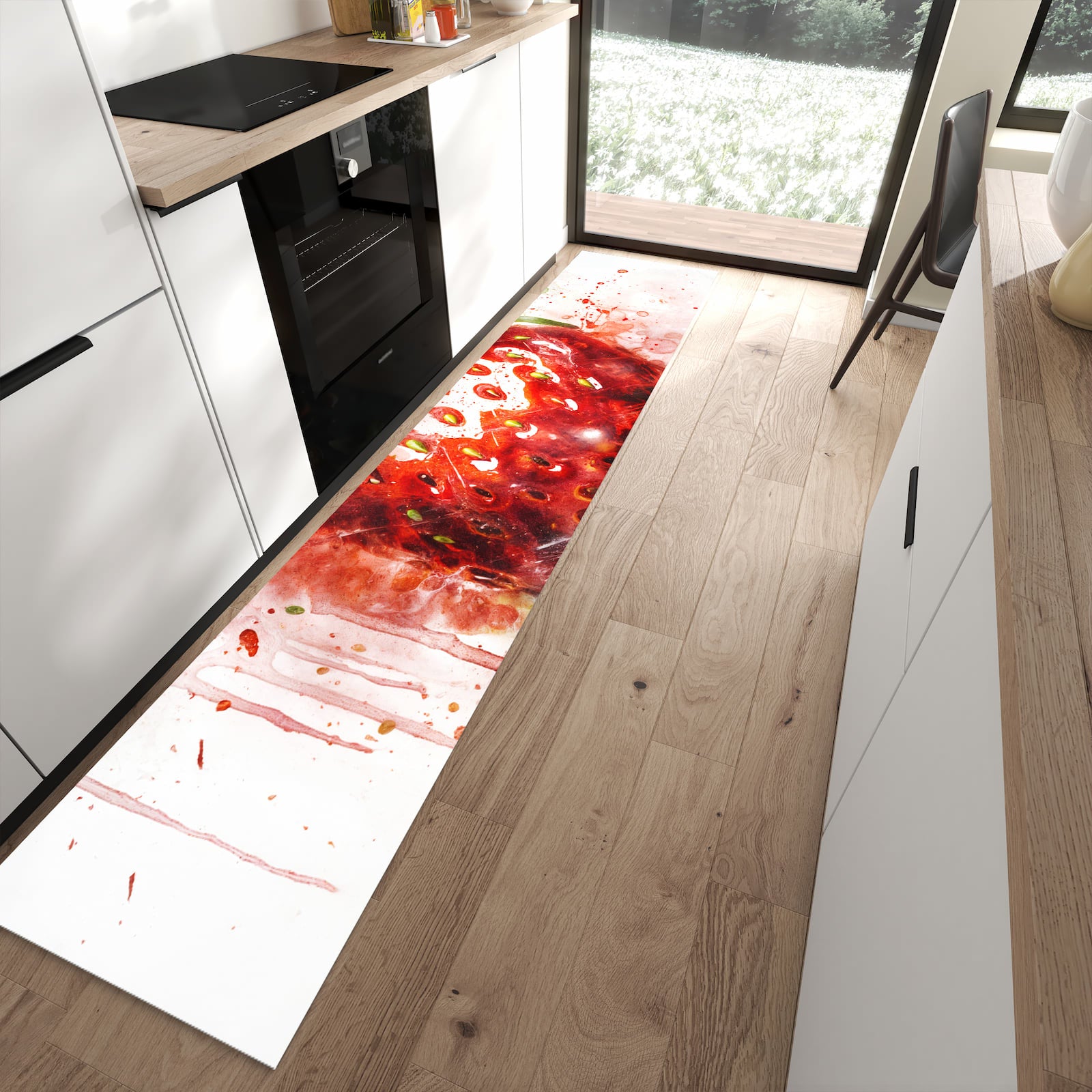 Geräuschdämpfender waschbarer Küchenläufer mit Motiv Erdbeerkunstwerk in moderner Küche