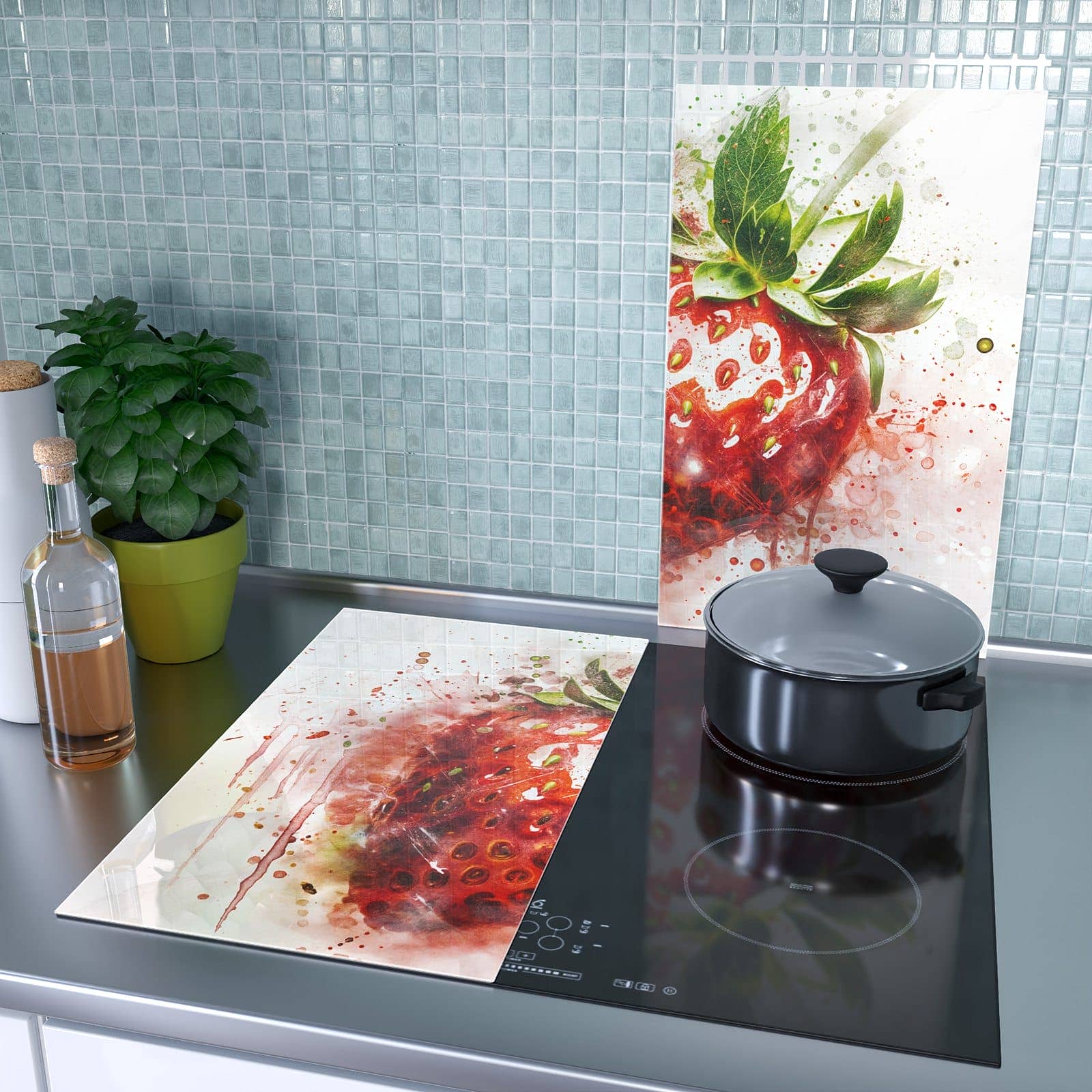 2-teilige Ceranfeldabdeckungen mit Erdbeerkunstwerk-Motiv als Spritzschutz hinter dem Kochfeld