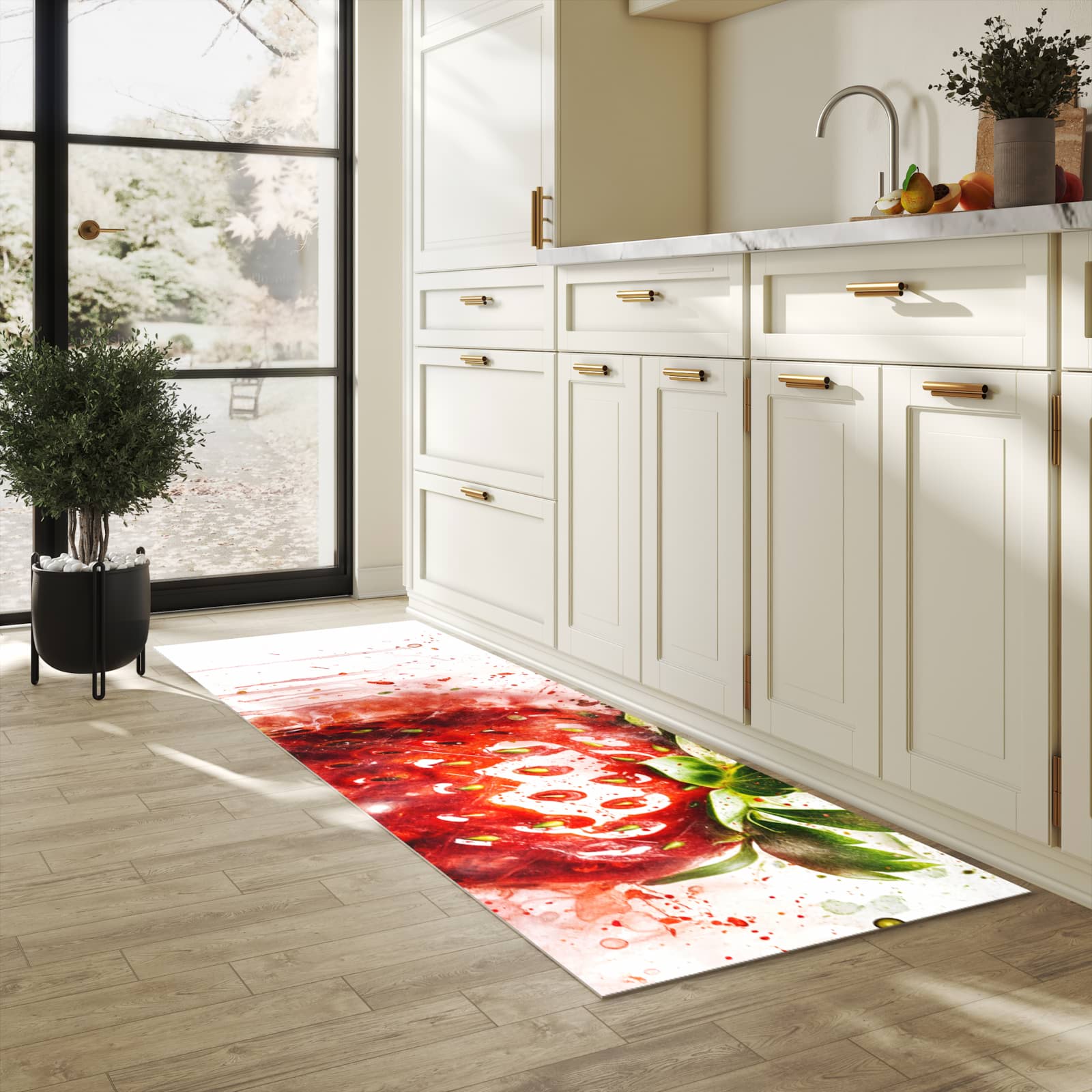 Flacher Küchenläufer mit Motiv Erdbeerkunstwerk in heller Küche für lange Teppiche