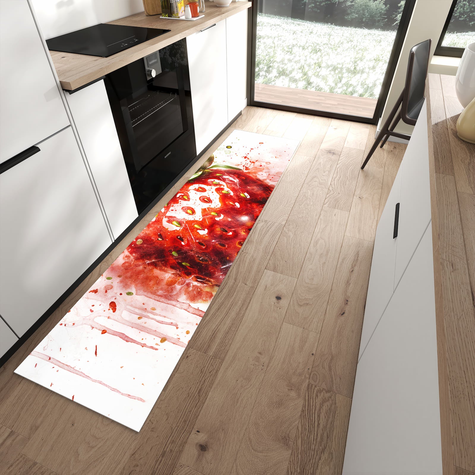 Rutschfester Küchenläufer mit Motiv Erdbeerkunstwerk für sicheren Stand in moderner Küche