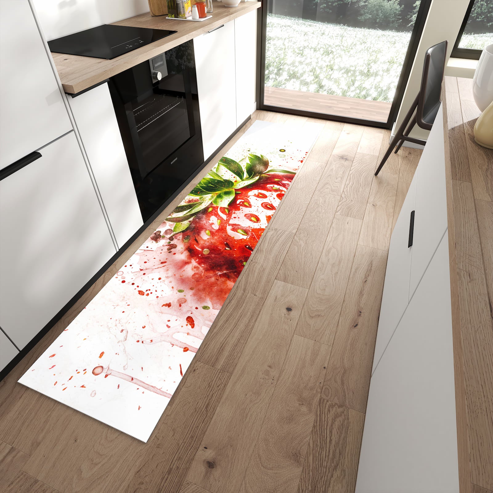 Zeitsparender rutschfester Küchenläufer mit Motiv Erdbeerkunstwerk in moderner Küche