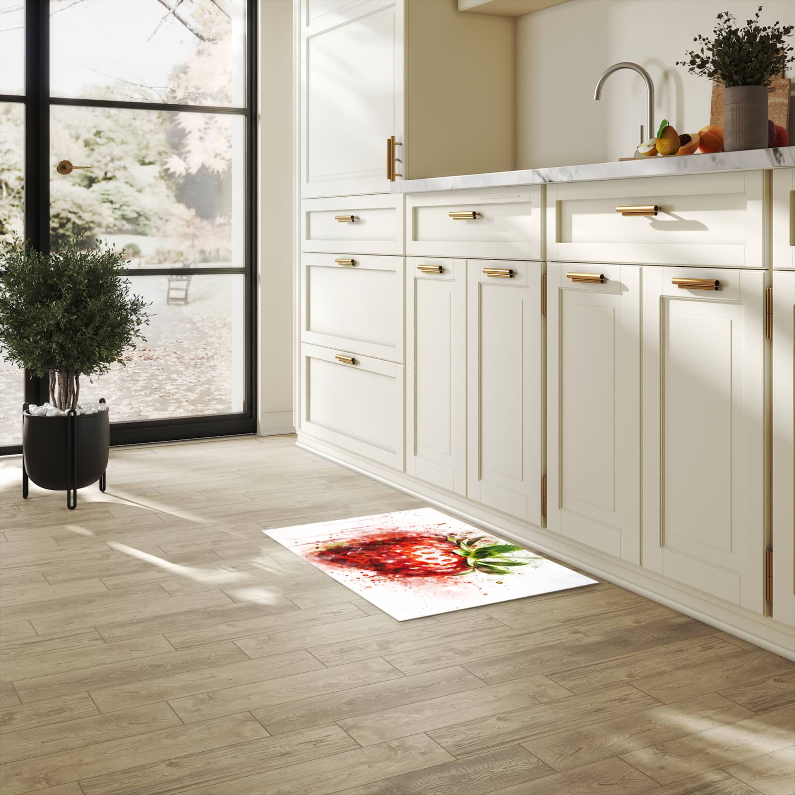 Geruchsneutraler waschbarer Läufer für die Küche mit Motiv Erdbeerkunstwerk in heller Küche