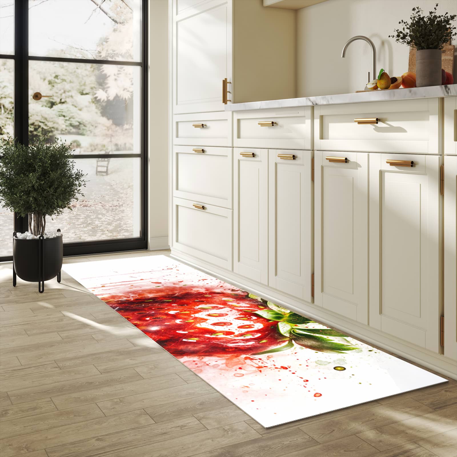 Pflegeleichter Läufer für Eingangsbereich mit Motiv Erdbeerkunstwerk in heller Küche