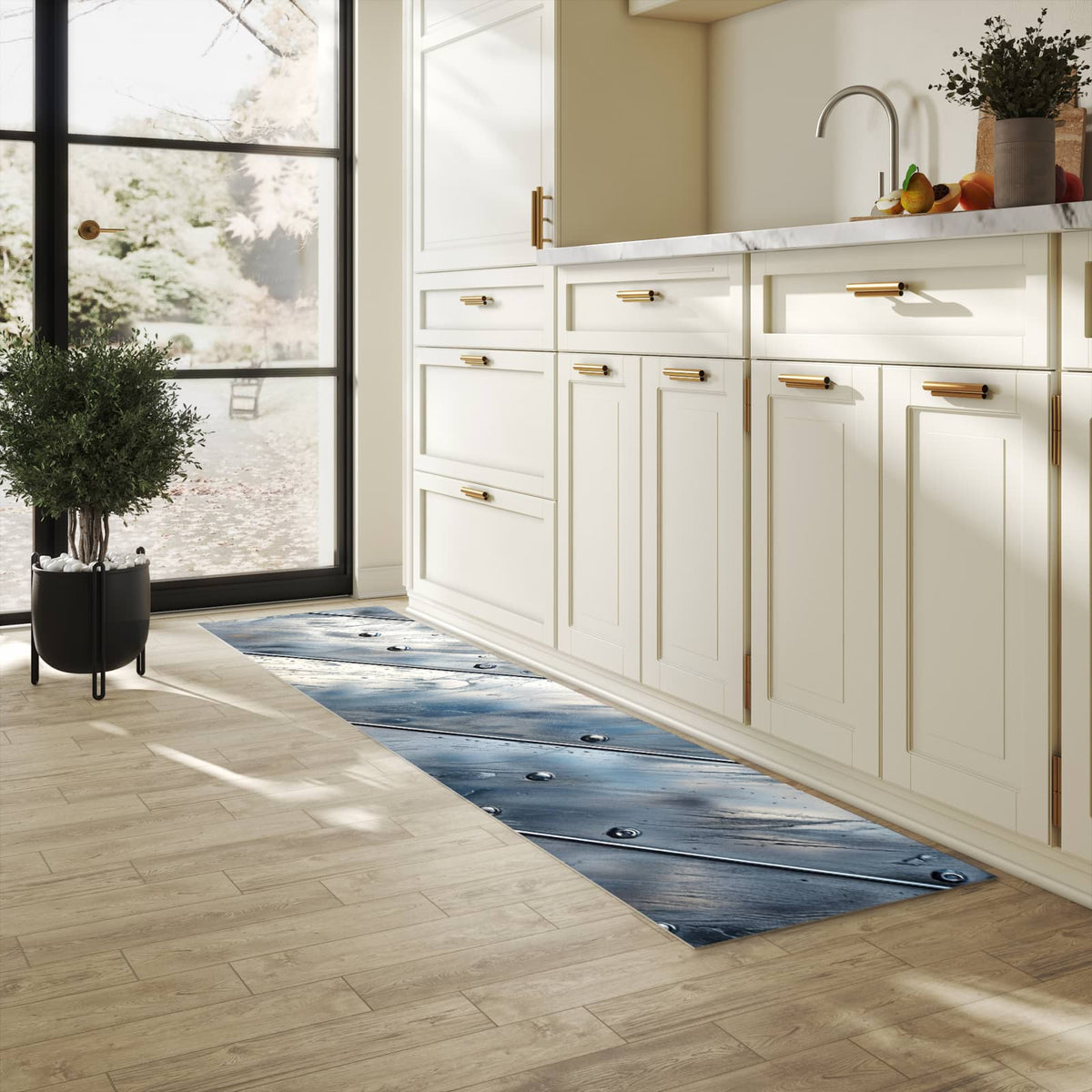 Feuchtigkeitsresistenter Teppich für Küche mit Motiv Metallplatte in heller Küche
