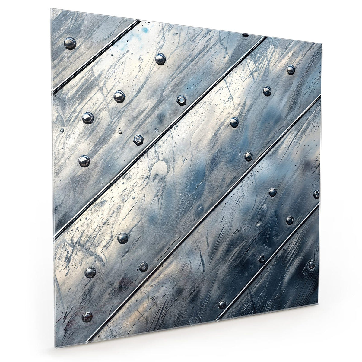 Küchenrückwand aus Glas im quadratischen Format: Diagonal verlaufende, silbrig-blaue Metallpaneele mit Nietreihen und Kratzspuren #grösse_40 x 40 cm #grösse_50 x 50 cm #grösse_60 x 60 cm