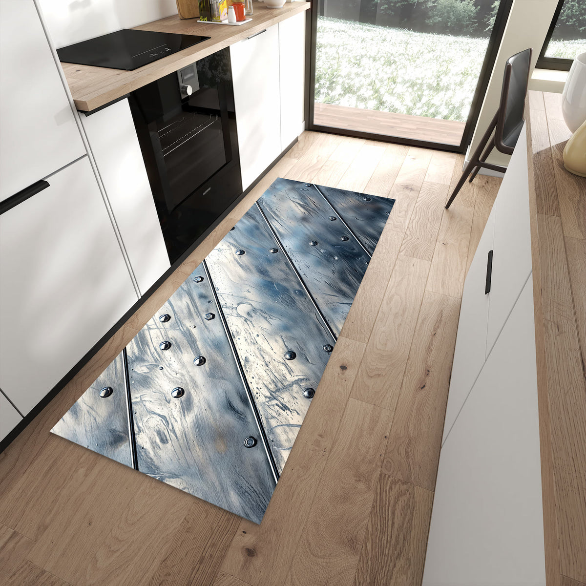 Waschbarer Küchenteppich mit Motiv Metallplatte in moderner Küche