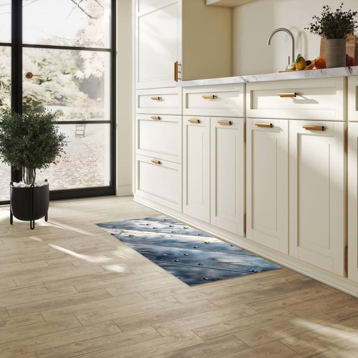Abwaschbarer Küchenteppich mit Motiv Metallplatte in heller Küche