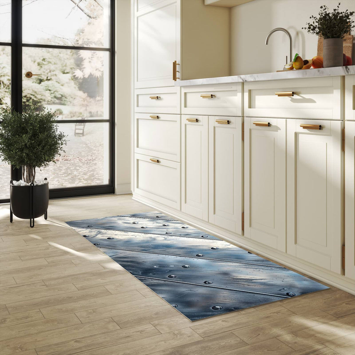 Bodenschonender Küchenteppich mit Motiv Metallplatte in heller Küche