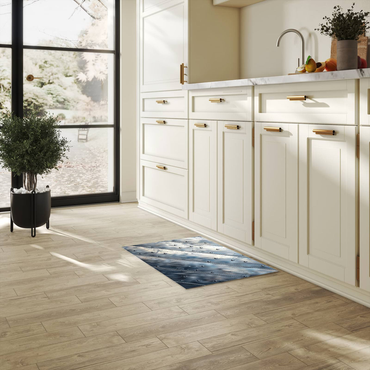 Küchenteppich mit Motiv Metallplatte für Ordnung in heller Küche