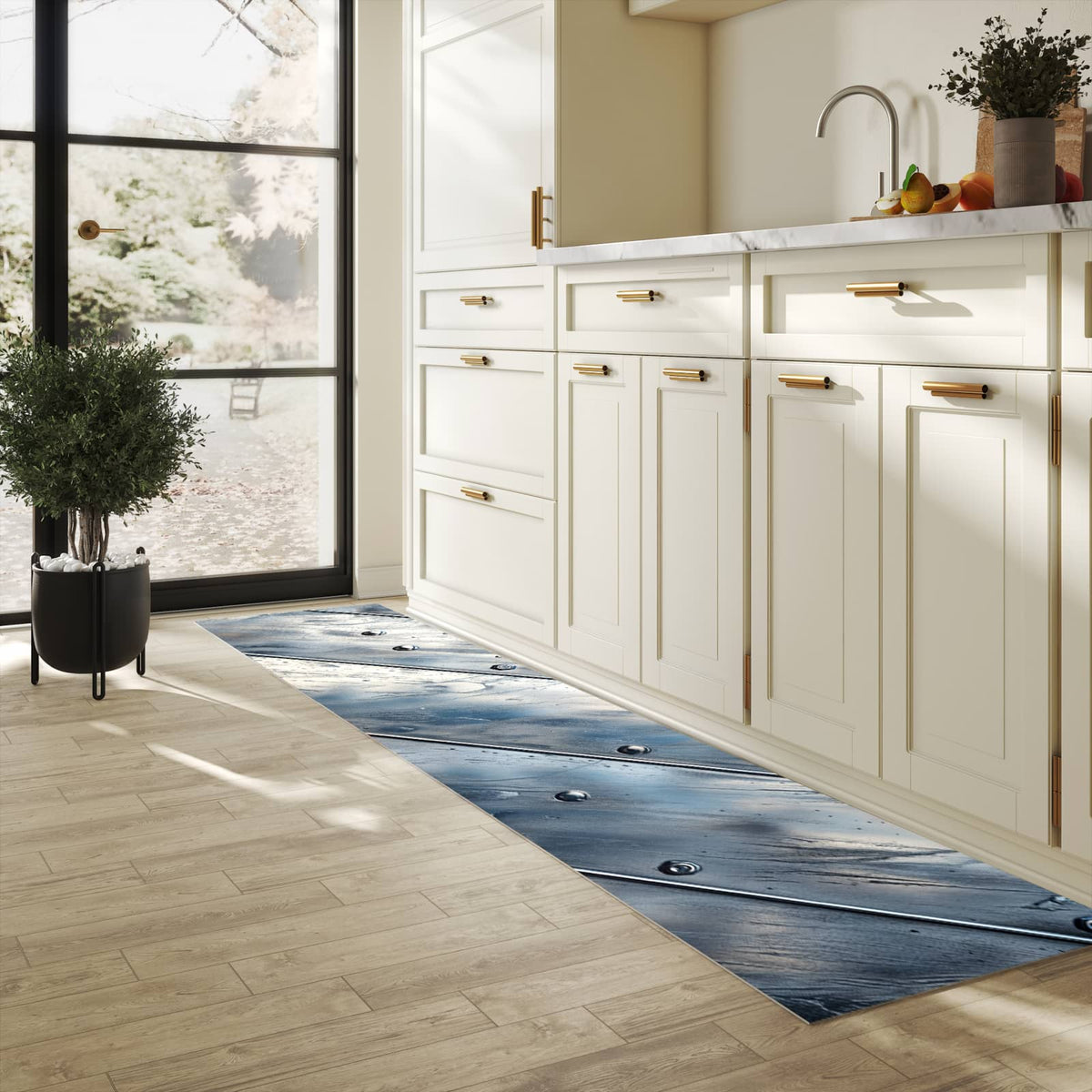 Bodenschonender Küchenteppich mit Motiv Metallplatte in heller Küche