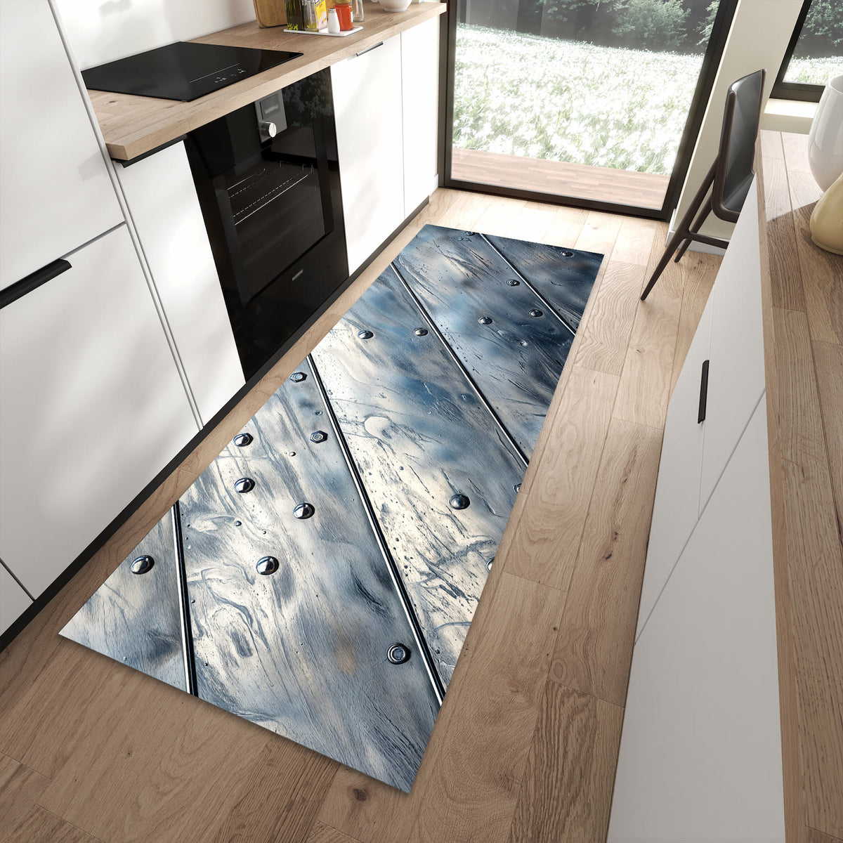 Küchenteppich mit Motiv Metallplatte für Ordnung in moderner Küche