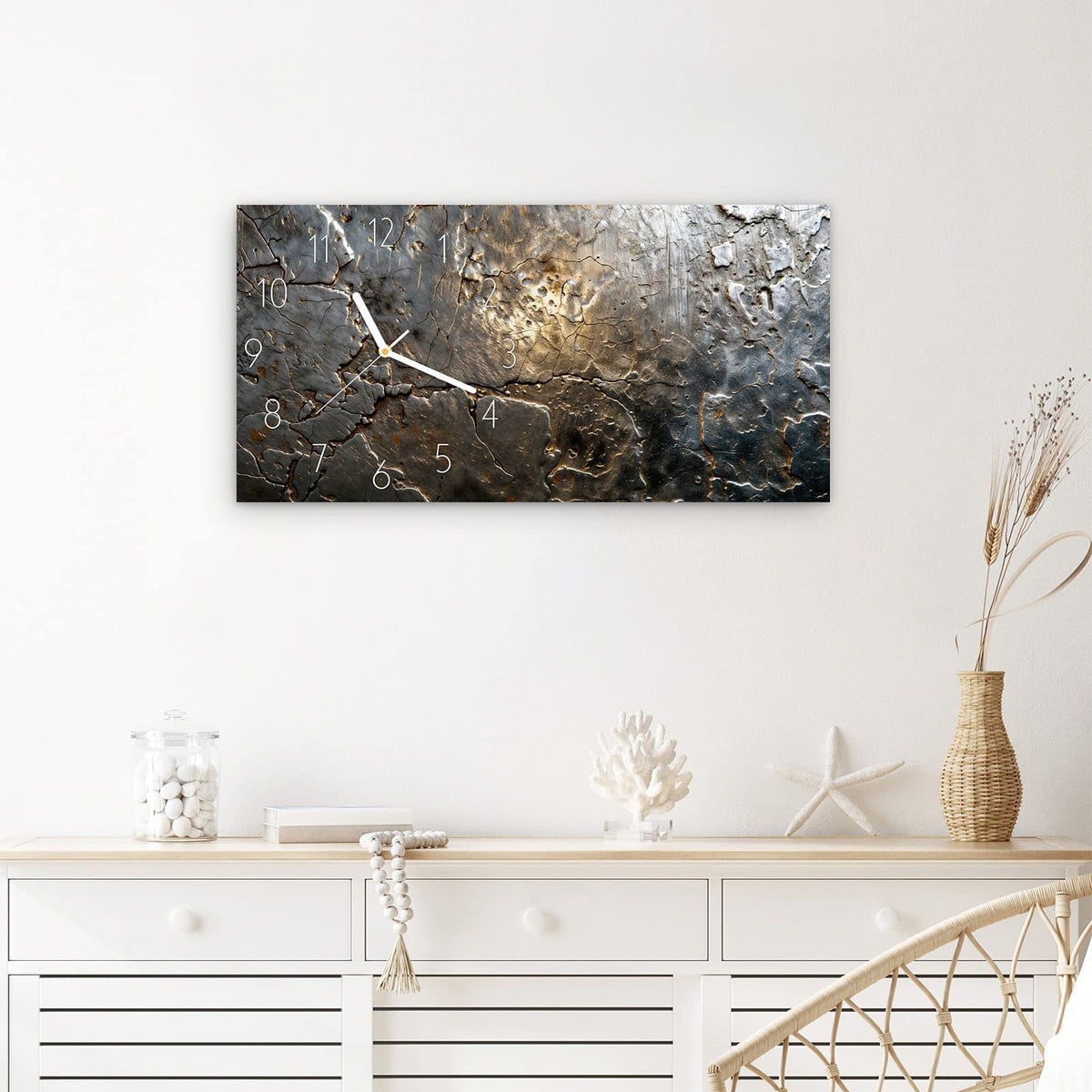 Wanduhr Gekrakeltes Metall aus Glas – Querformat 60 × 30 cm – Rissige Metalloberfläche in Bronze