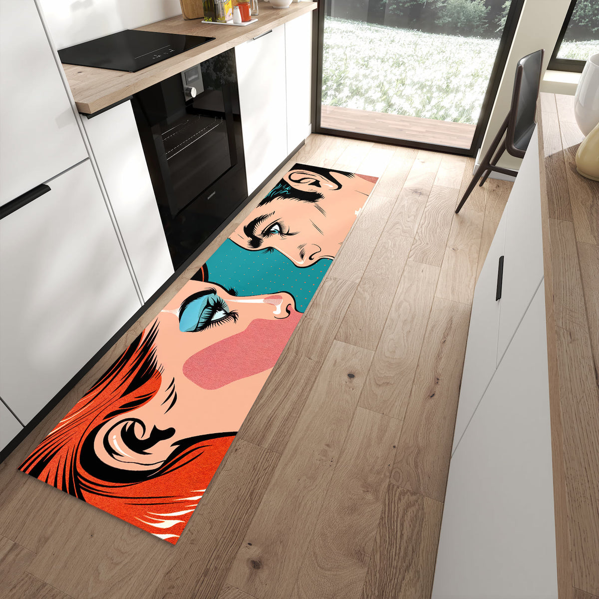 Waschbarer Küchenteppich mit Motiv Pop Art Paar in moderner Küche