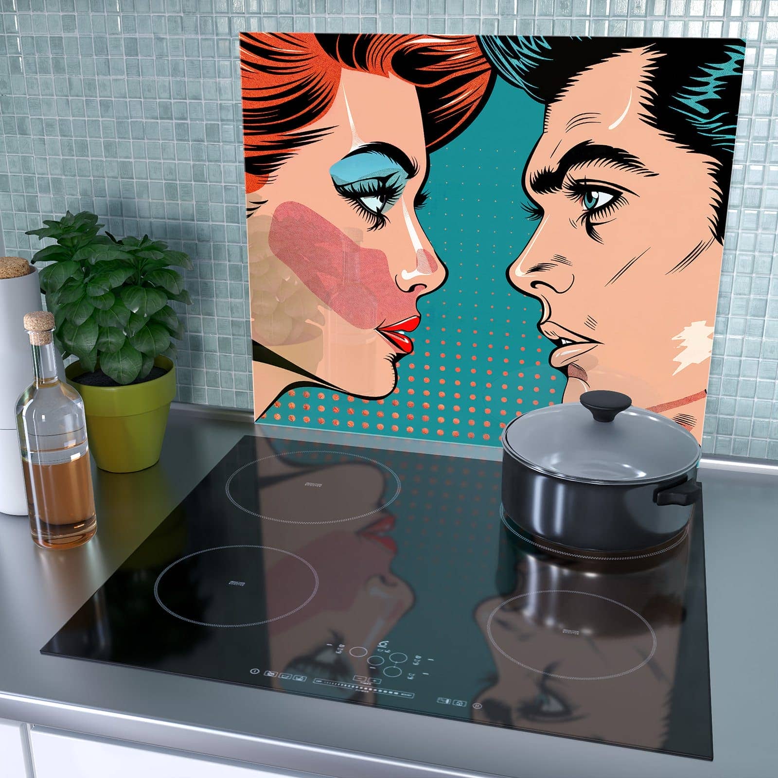 1-teilige Herdabdeckplatte mit Pop Art Paar-Motiv als Spritzschutz hinter dem Kochfeld