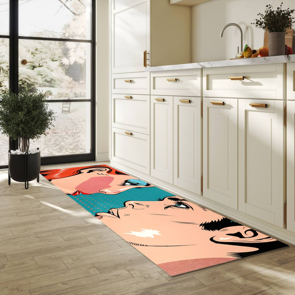 Zeitsparender Küchenteppich mit Motiv Pop Art Paar in heller Küche - leicht waschbar
