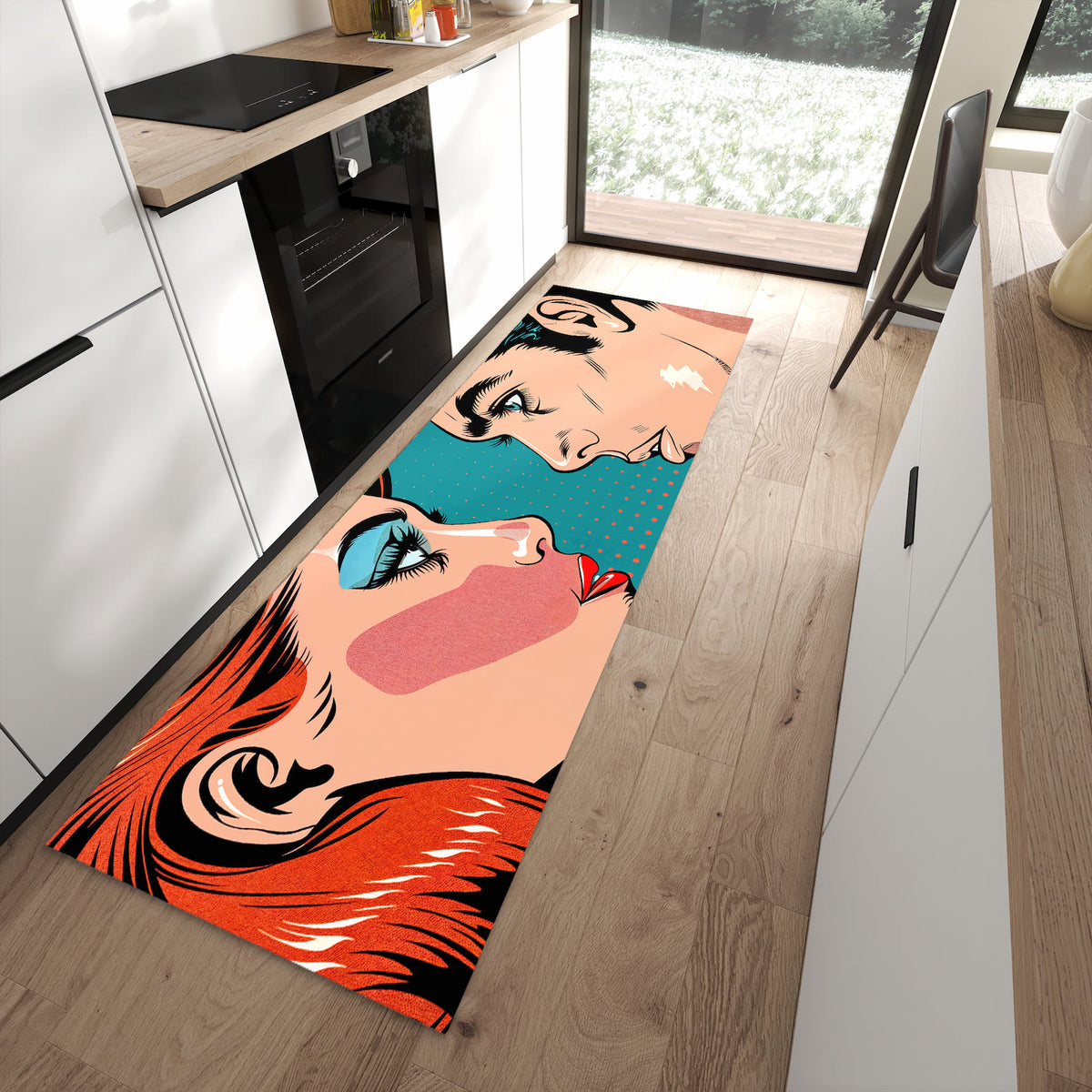 Langlebiger rutschfester Küchenläufer mit Motiv Pop Art Paar in moderner Küche