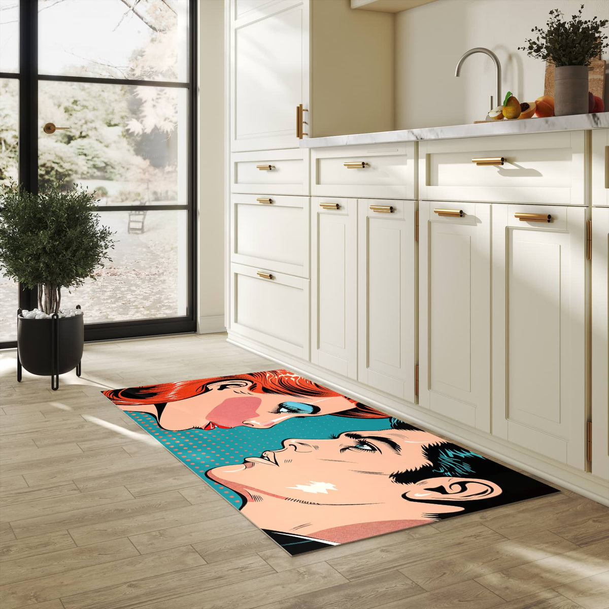 Abriebfester großer Küchenteppich mit Motiv Pop Art Paar in heller Küche