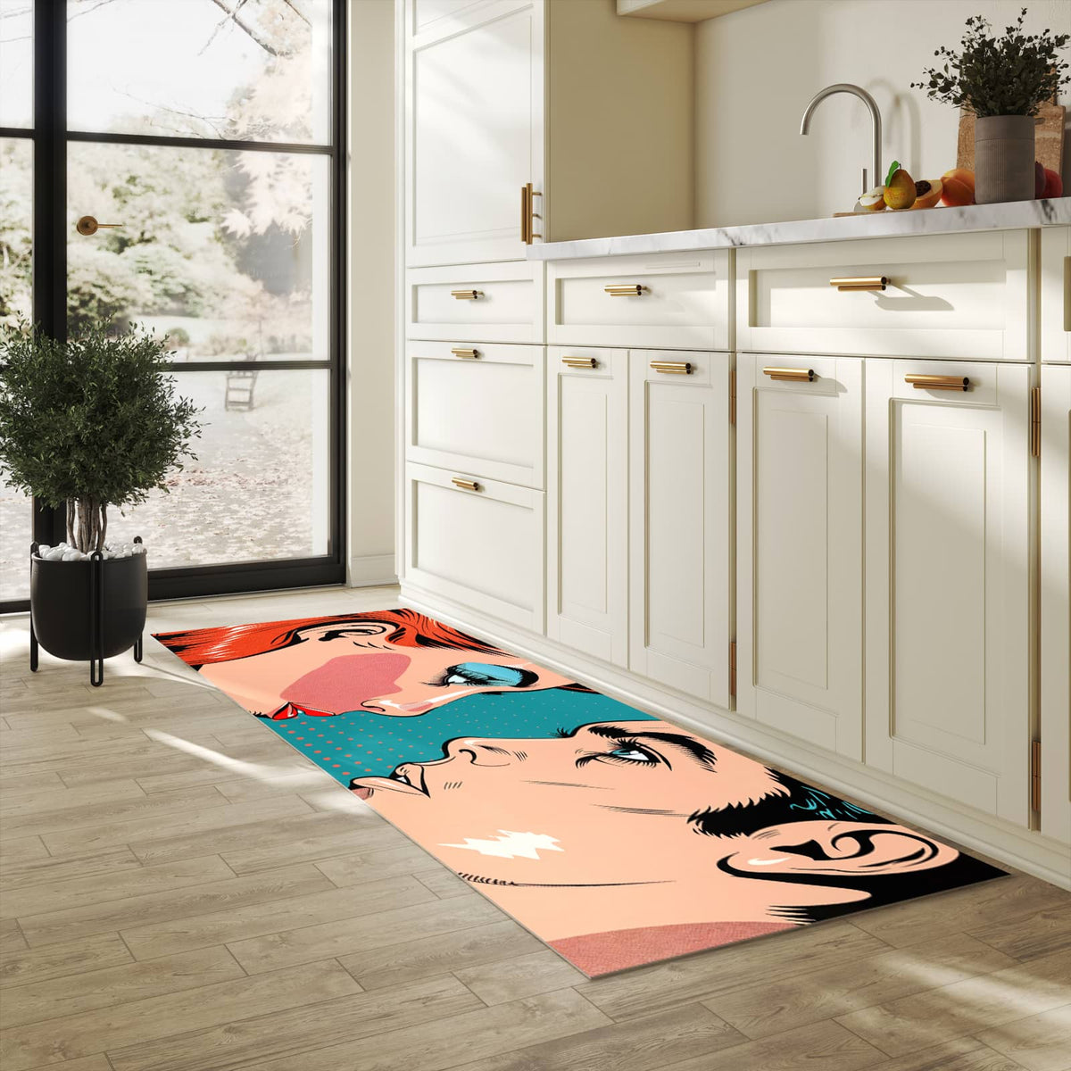 Küchenteppich mit Motiv Pop Art Paar in heller Küche für sicheres Aufbewahren