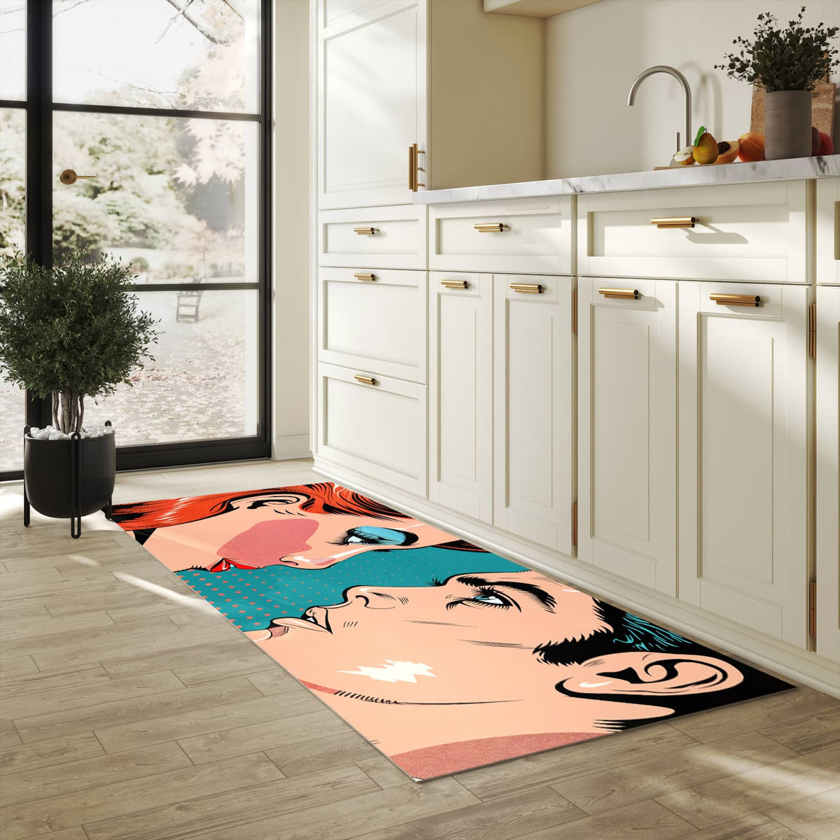 UV-beständiger Küchenteppich mit Motiv Pop Art Paar in heller Küche