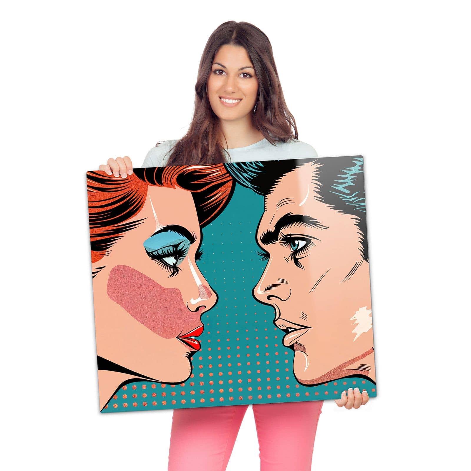 Ceranfeldabdeckung mit Pop Art Paar-Motiv wird zur Größendarstellung gehalten