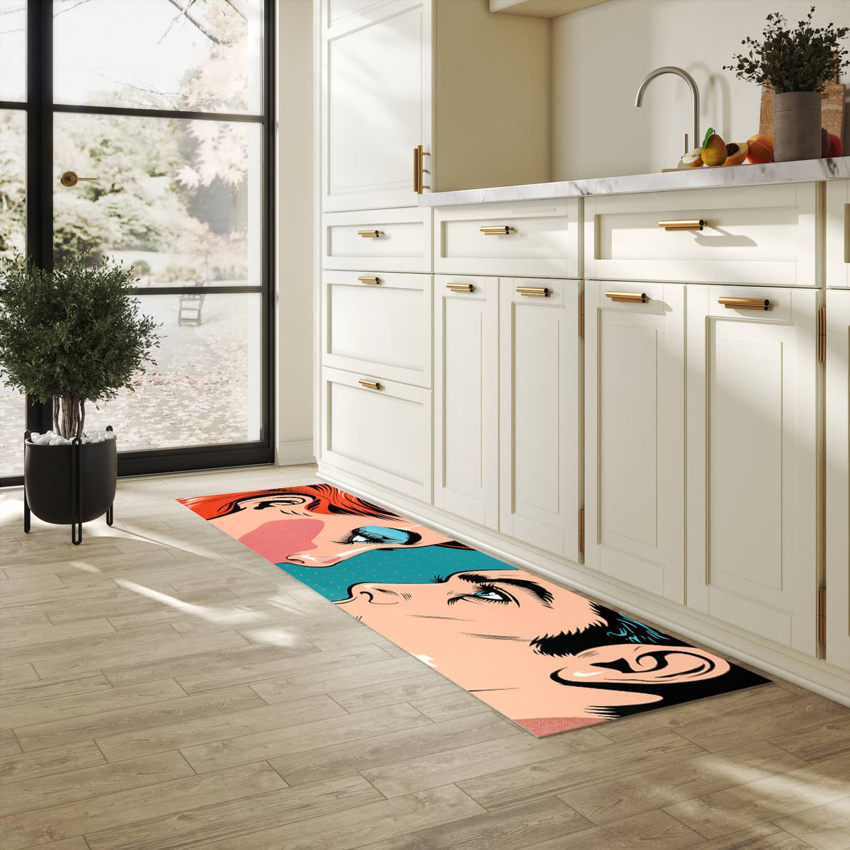 Bodenschonender Bodenläufer-Teppich mit Motiv Pop Art Paar in heller Küche