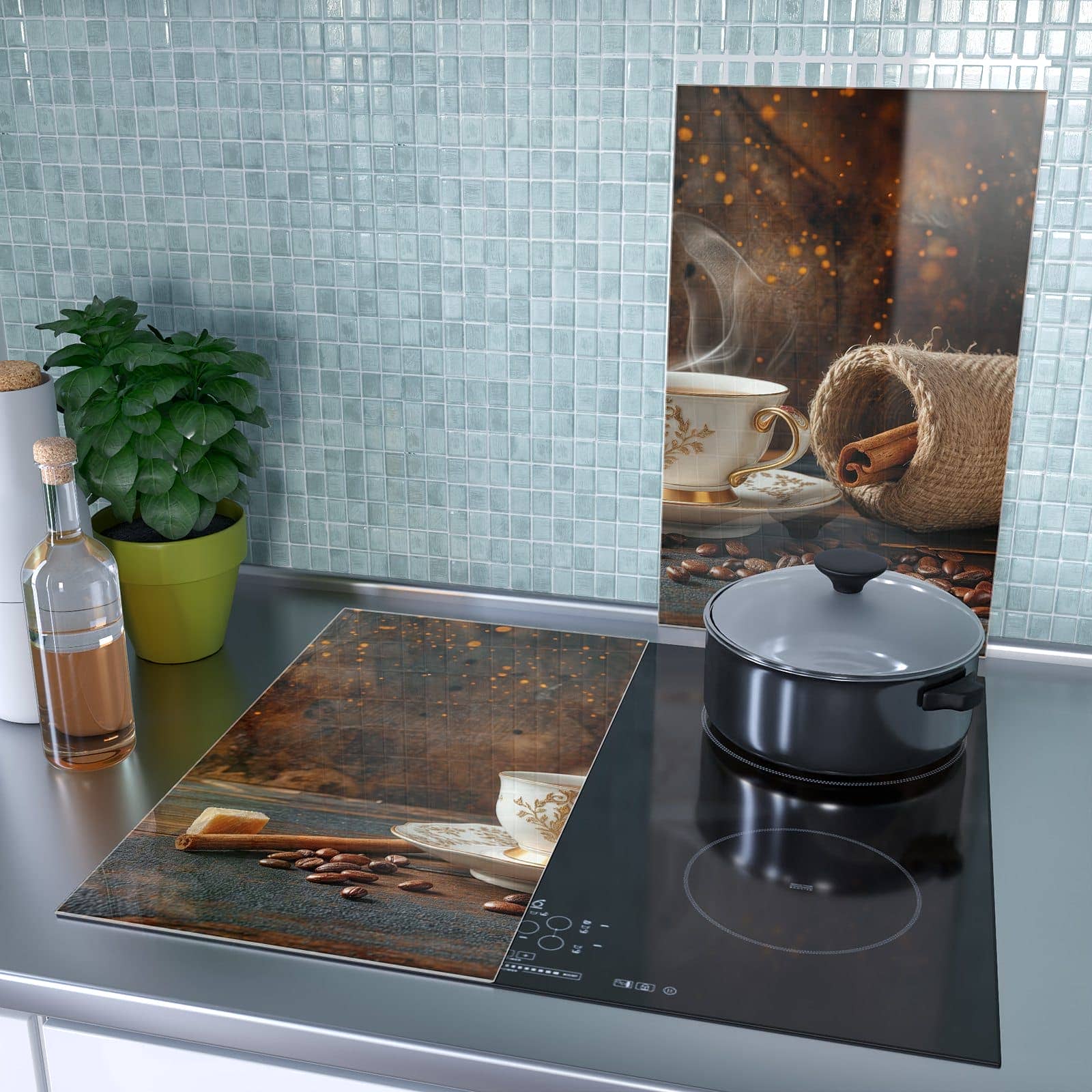2-teilige Glasplatte für Herd mit Kaffee Und Zimt-Motiv als Spritzschutz hinter dem Kochfeld