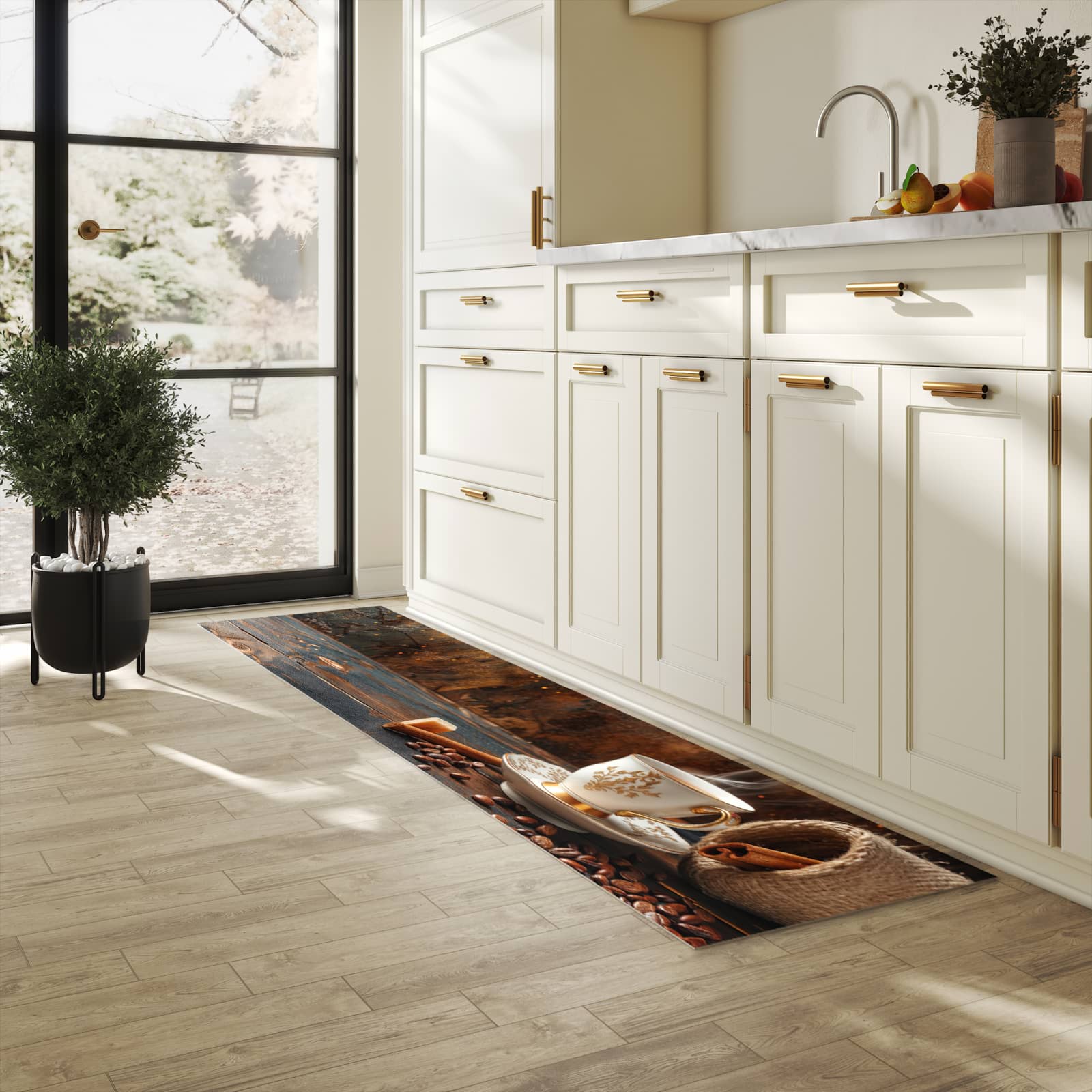 Flacher waschbarer Läufer für die Küche mit Motiv Kaffee Und Zimt in heller Küche