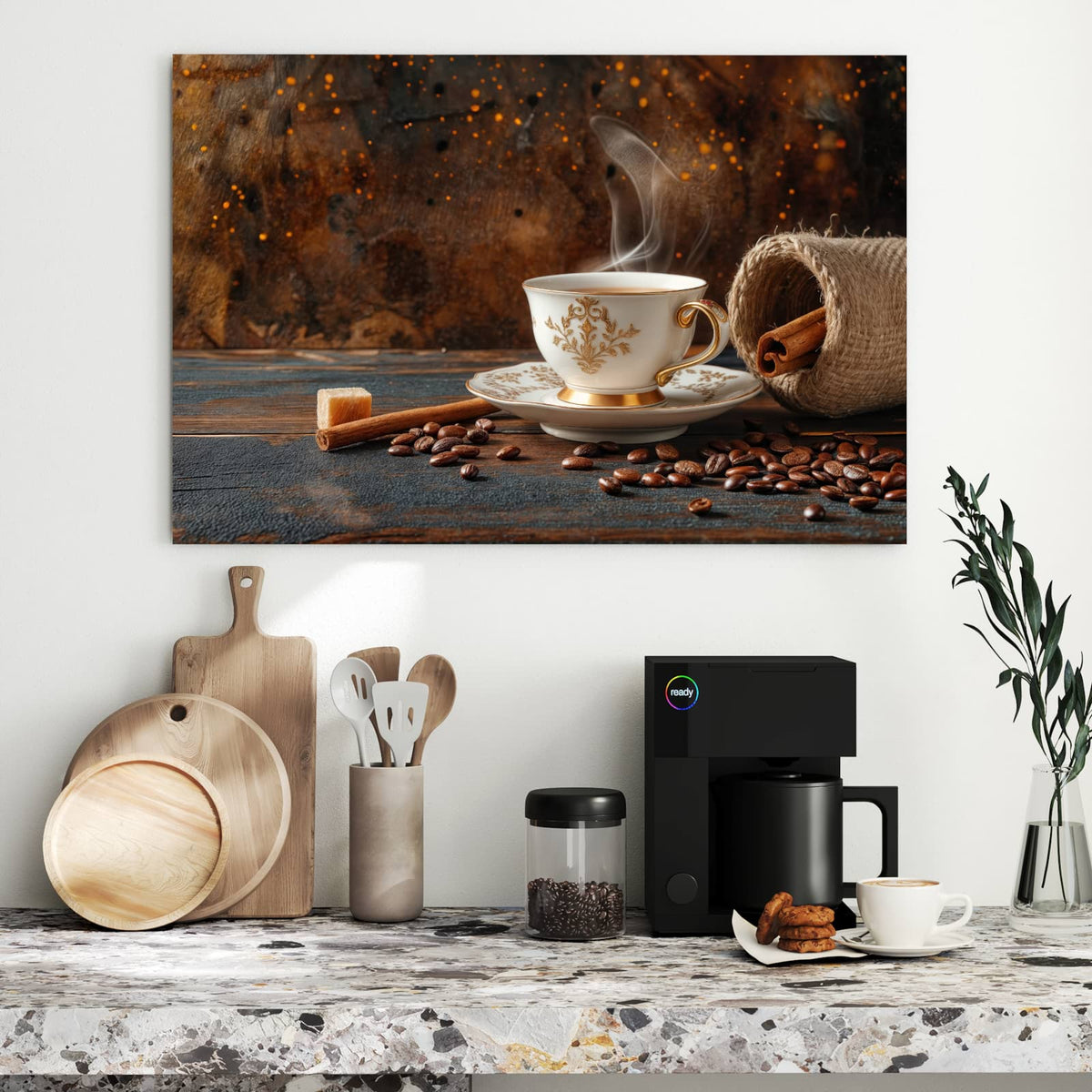 Metall Magnettafel - Kaffee und Zimt – Verzierte Kaffeetasse mit Dampf