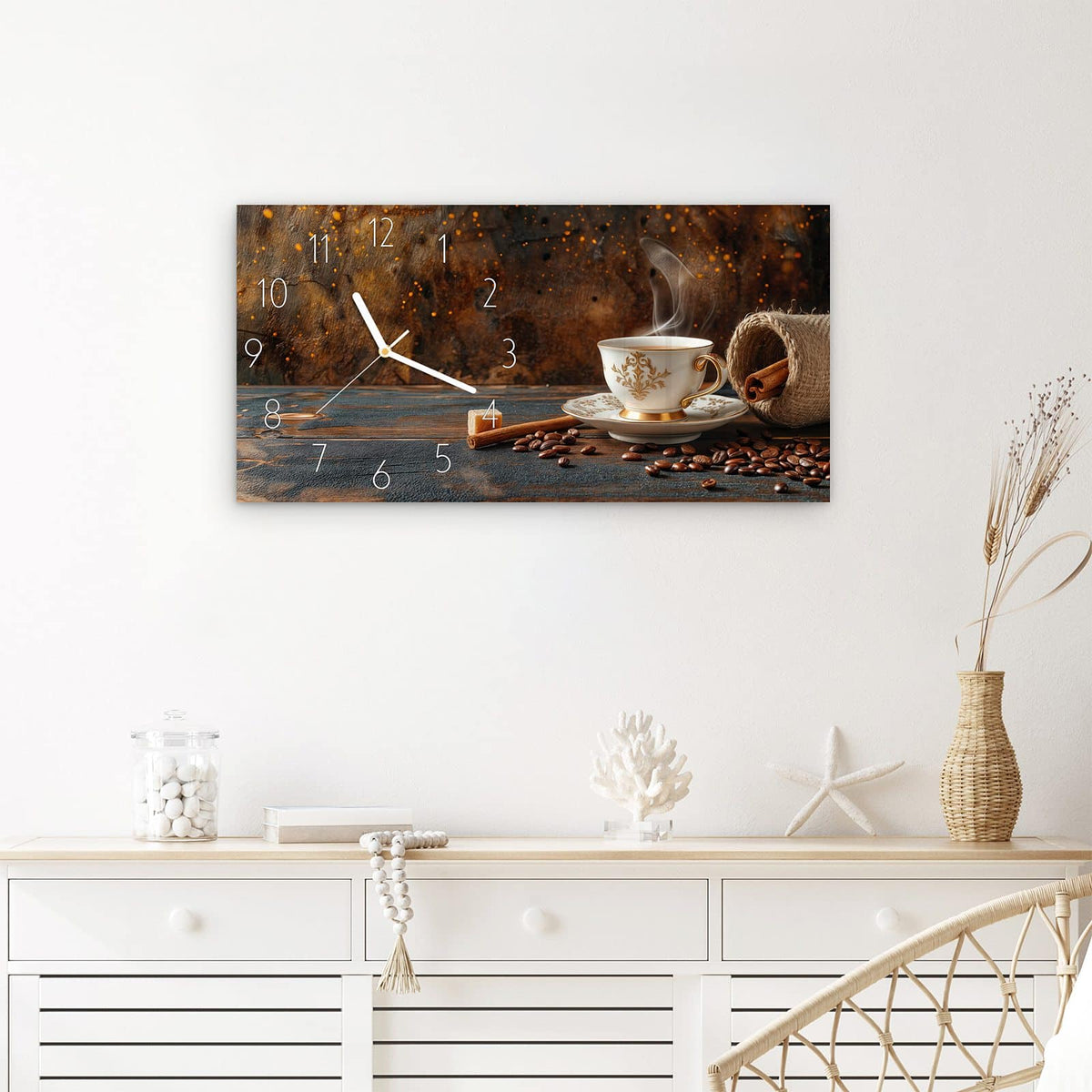 Wanduhr Kaffee Und Zimt aus Glas – Querformat 60 × 30 cm – Verzierte Kaffeetasse mit Dampf