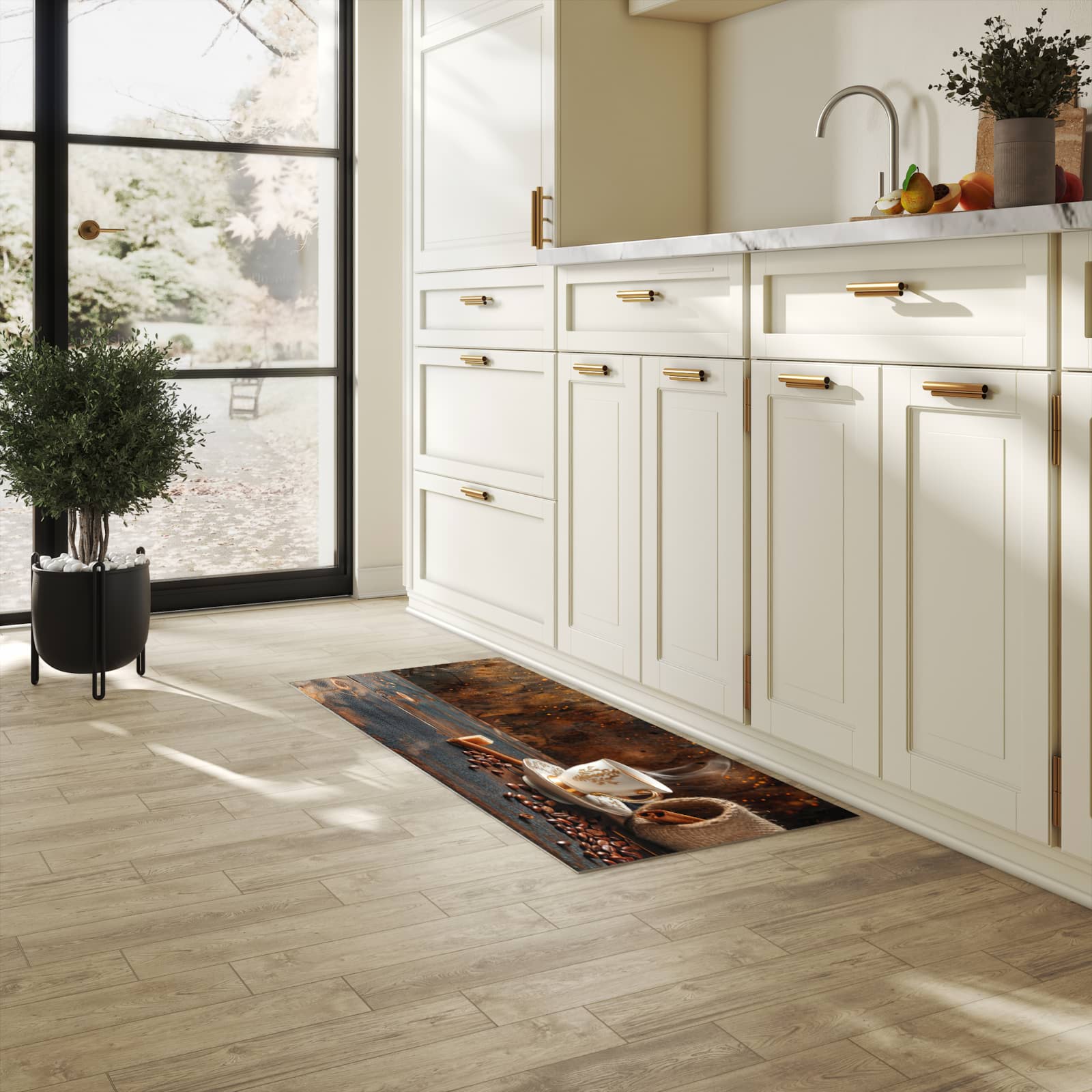 Schmutzabweisender Küchenläufer mit Motiv Kaffee Und Zimt in heller Küche