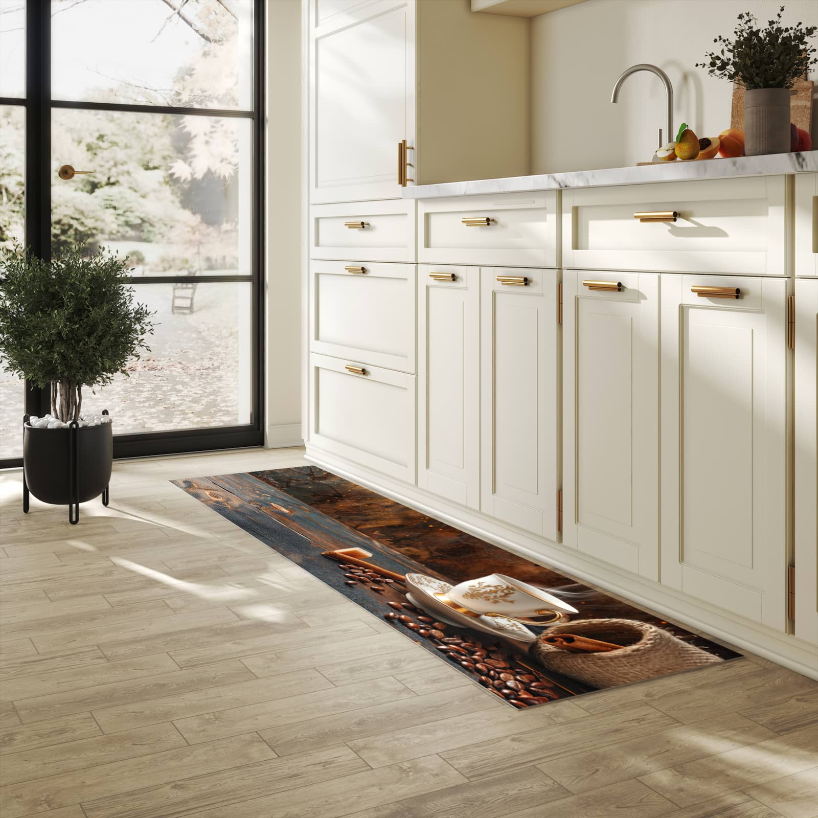 Langlebiger Teppichläufer mit Motiv Kaffee Und Zimt in heller Küche