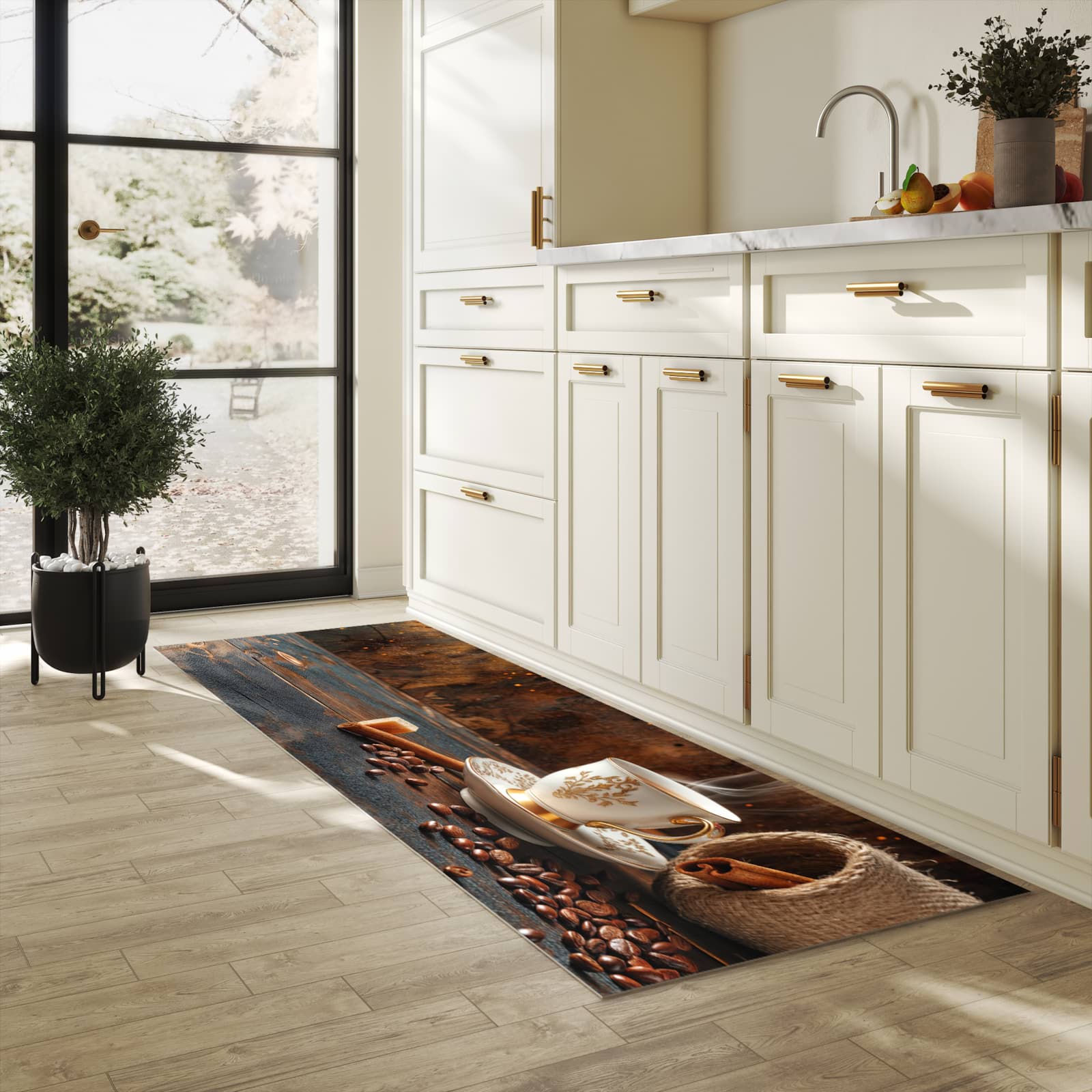 Pflegeleichter Läufer mit Motiv Kaffee Und Zimt in heller Küche für einfache Reinigung