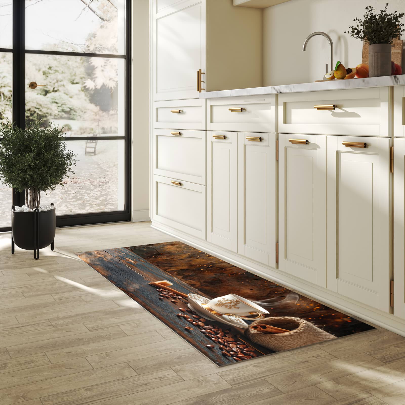 Rutschfester Läufer mit Motiv Kaffee Und Zimt für Eingangsbereich in heller Küche