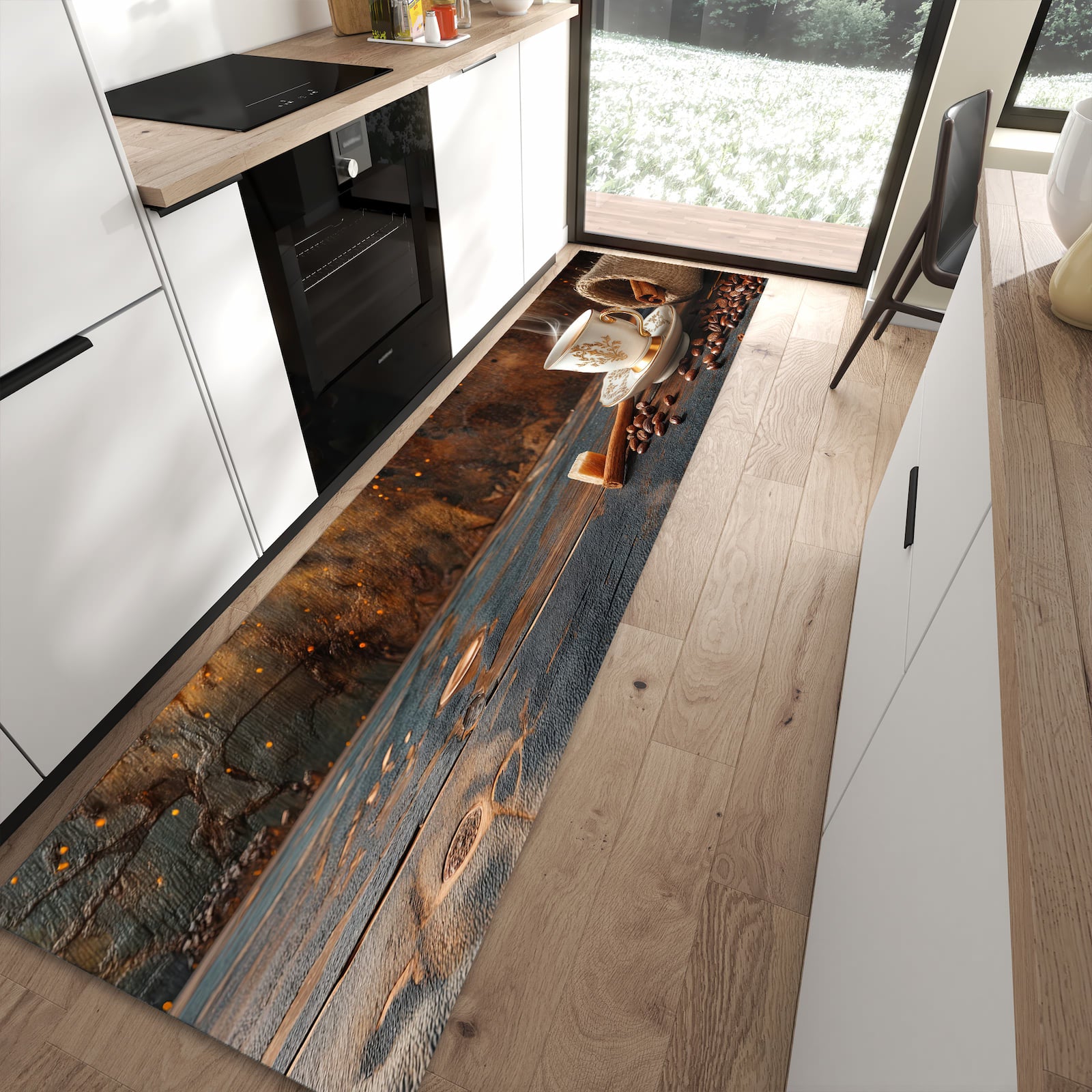 Geruchsneutraler rutschfester Küchenteppich mit Motiv Kaffee Und Zimt in moderner Küche