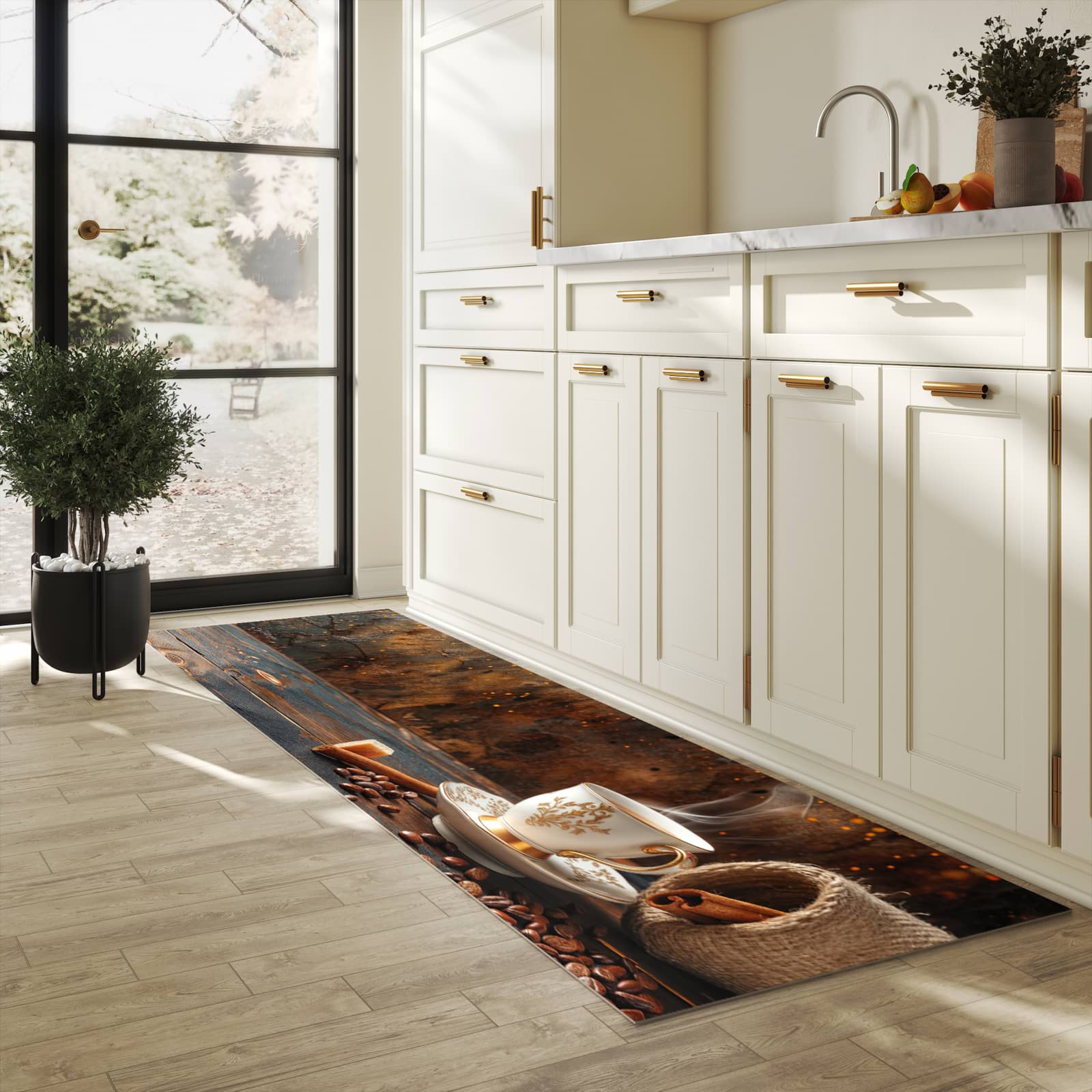 Dünner Küchenteppich mit Motiv Kaffee Und Zimt in heller Küche für angenehme Haptik