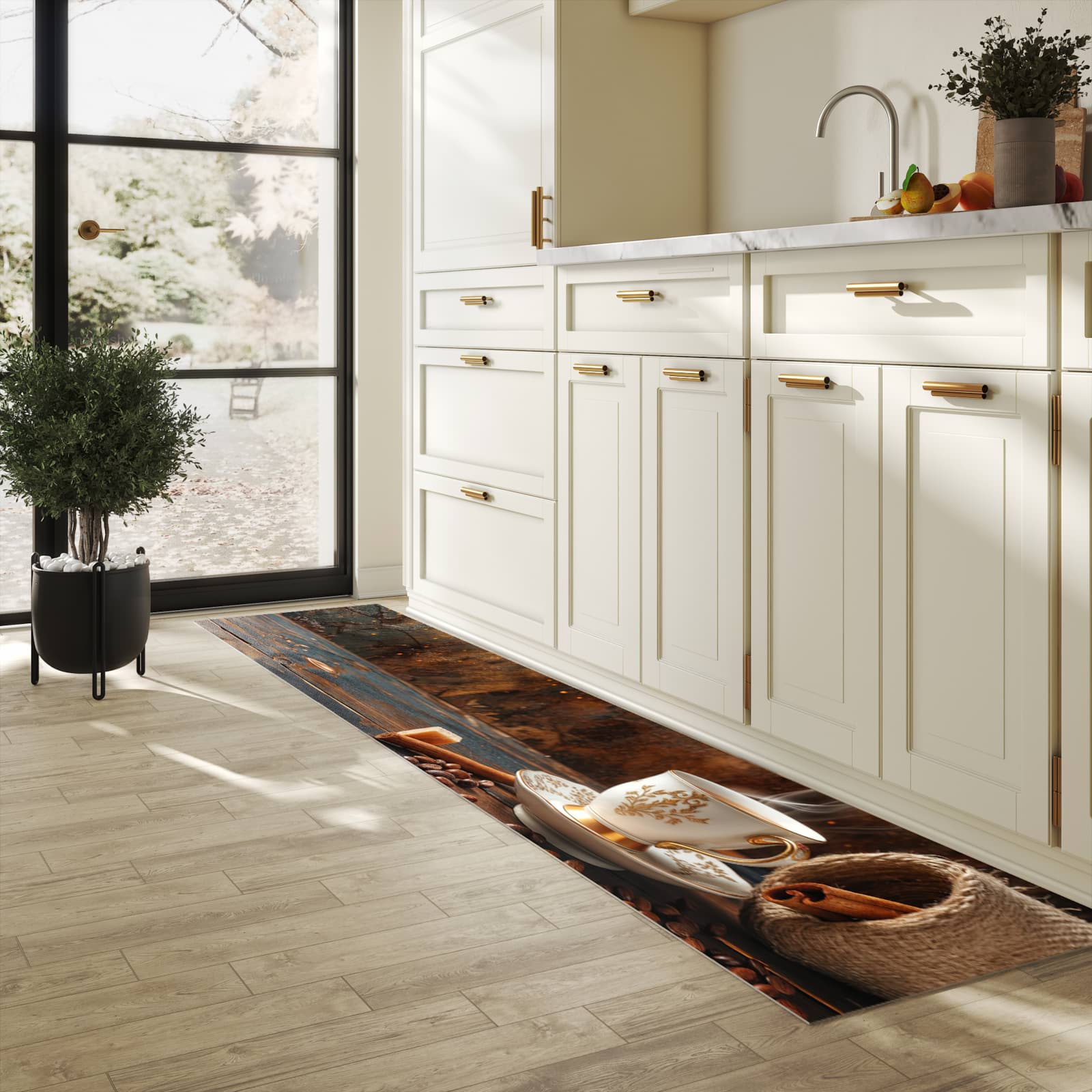 Pflegeleichter waschbarer Küchenläufer mit Motiv Kaffee Und Zimt in heller Küche