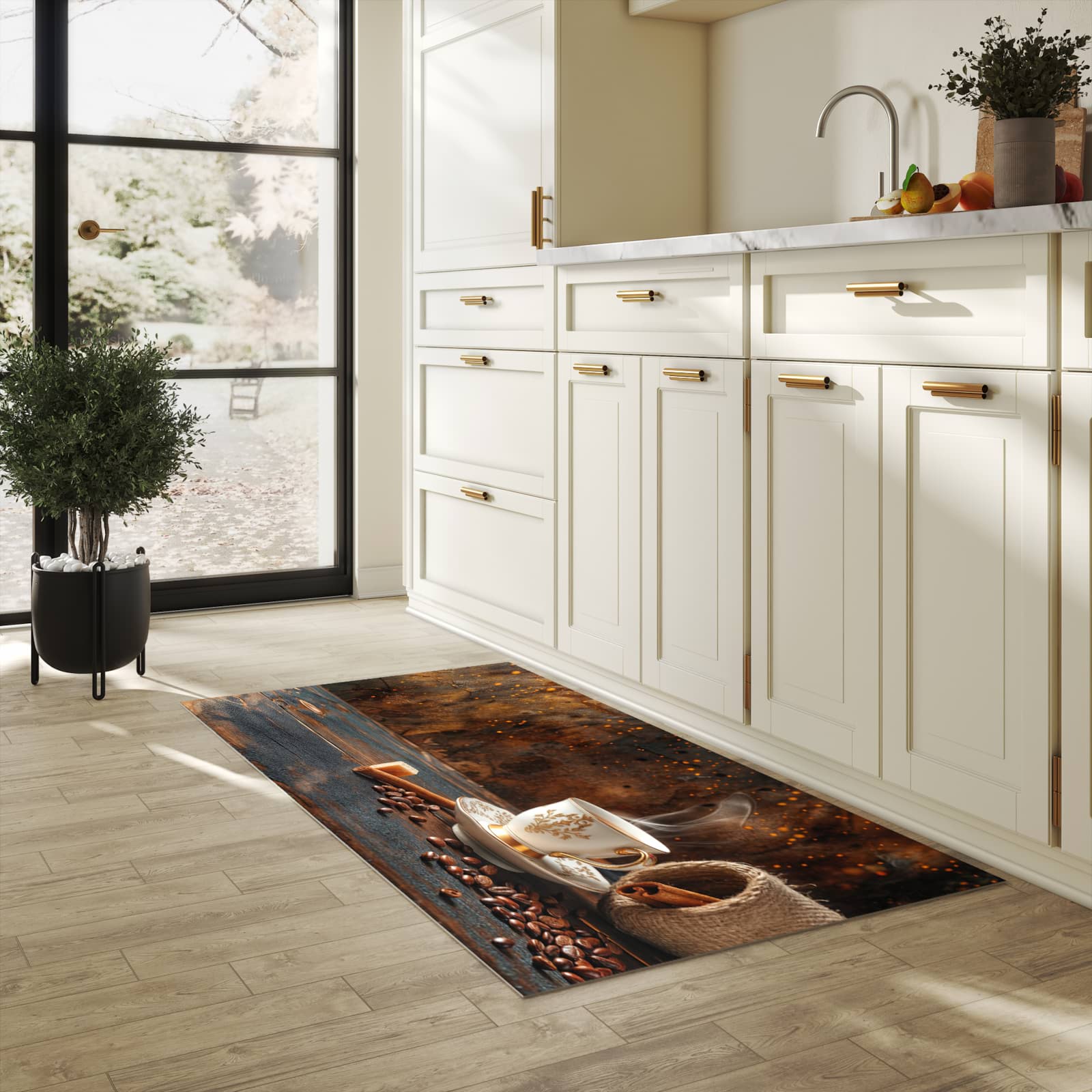 Strapazierfähiger dünner Küchenteppich mit Motiv Kaffee Und Zimt in heller Küche