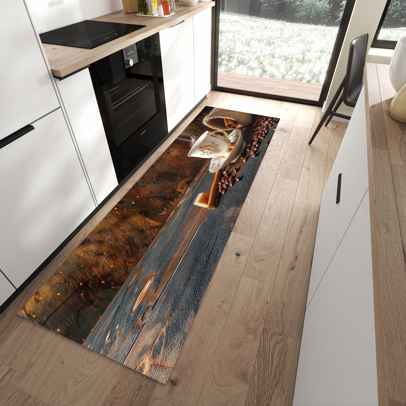 Fleckenresistenter waschbarer Küchenteppich mit Motiv Kaffee Und Zimt in moderner Küche