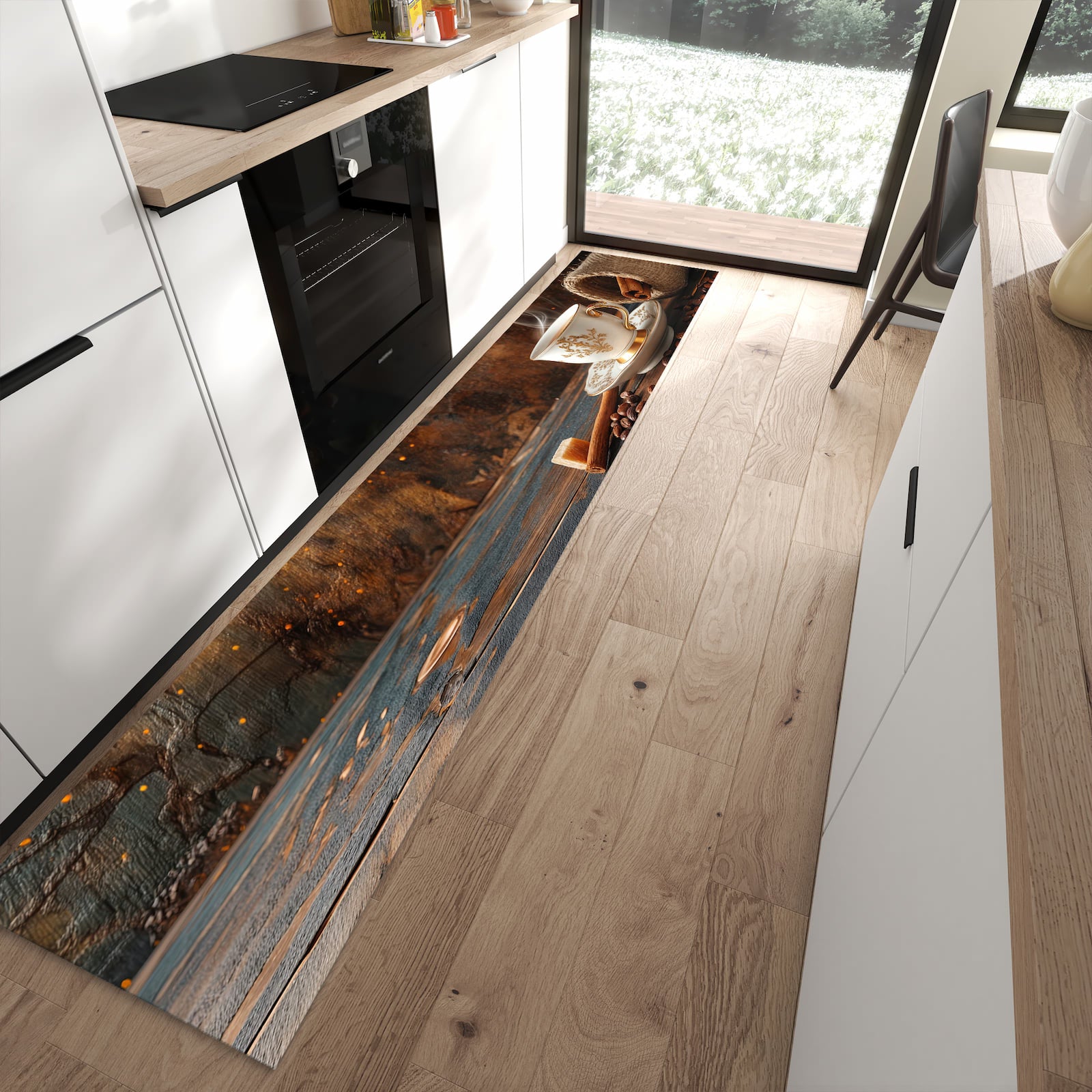 UV-beständiger Bodenläufer mit Motiv Kaffee Und Zimt in moderner Küche