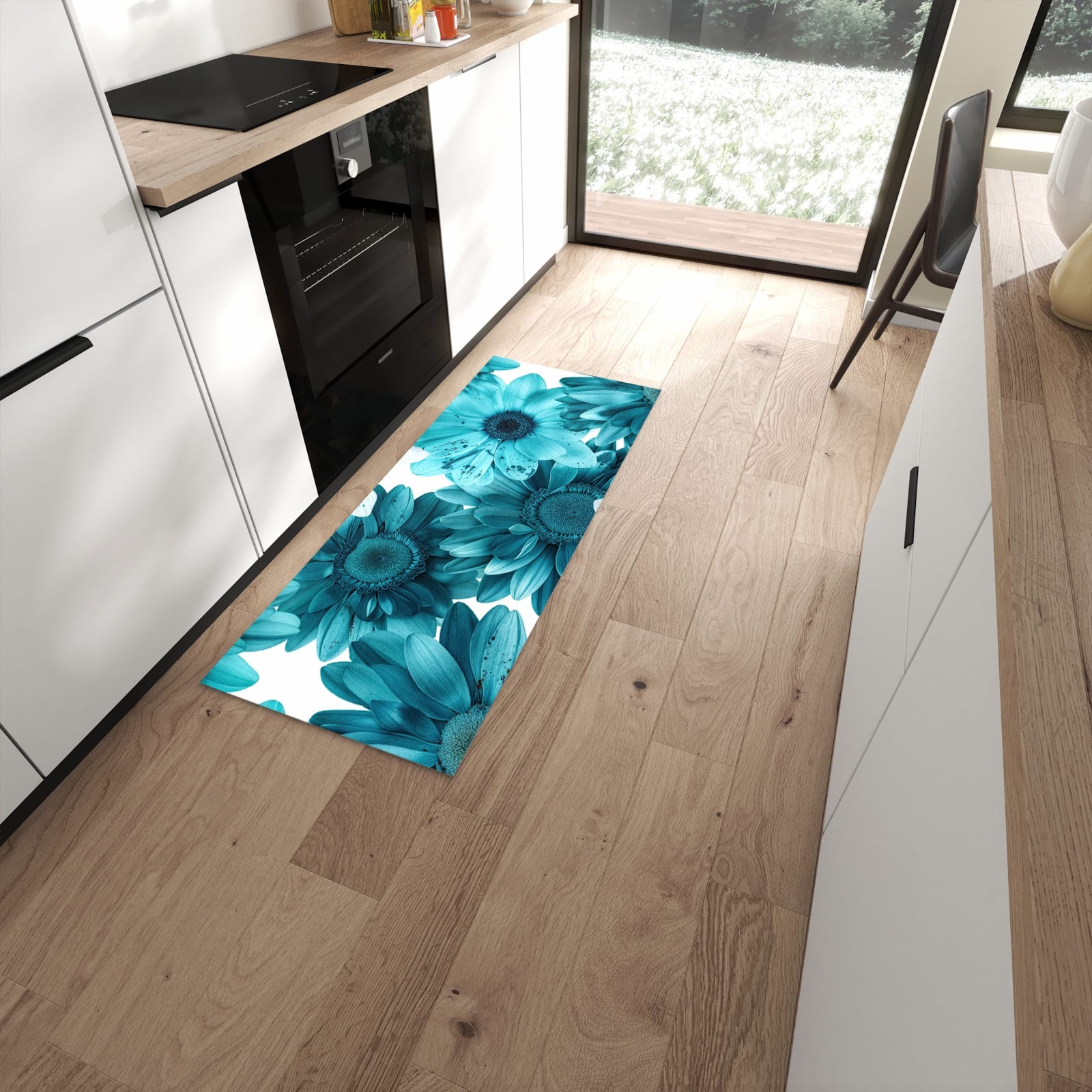 Pflegeleichter Küchenläufer mit Motiv Blaue Blütenpracht in moderner Küche #grösse_60 x 150 cm