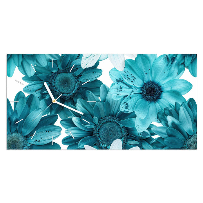 Wanduhr Blaue Blütenpracht aus Glas – Querformat 60 × 30 cm mit Ziffernblatt Linie