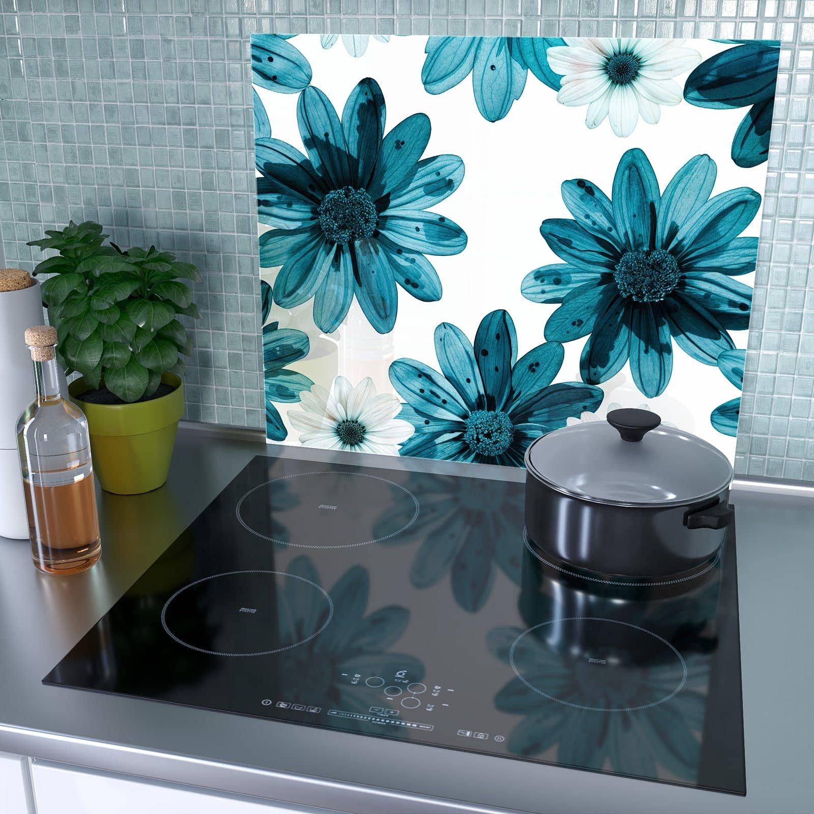 1-teilige Herdabdeckplatte aus Glas mit Blaues Blumenmuster-Motiv als Spritzschutz hinter dem Kochfeld