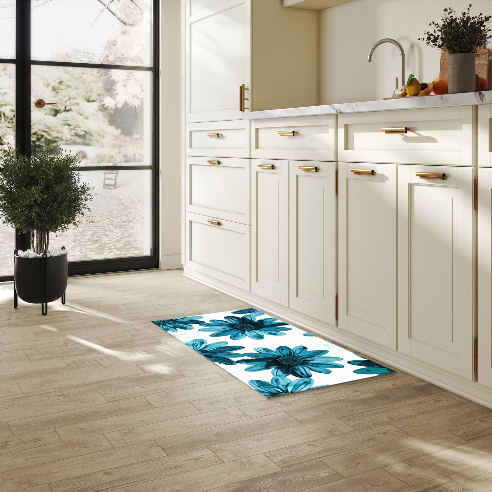Küchenteppich mit Motiv Geblümt in heller Küche für sichere Aufbewahrung