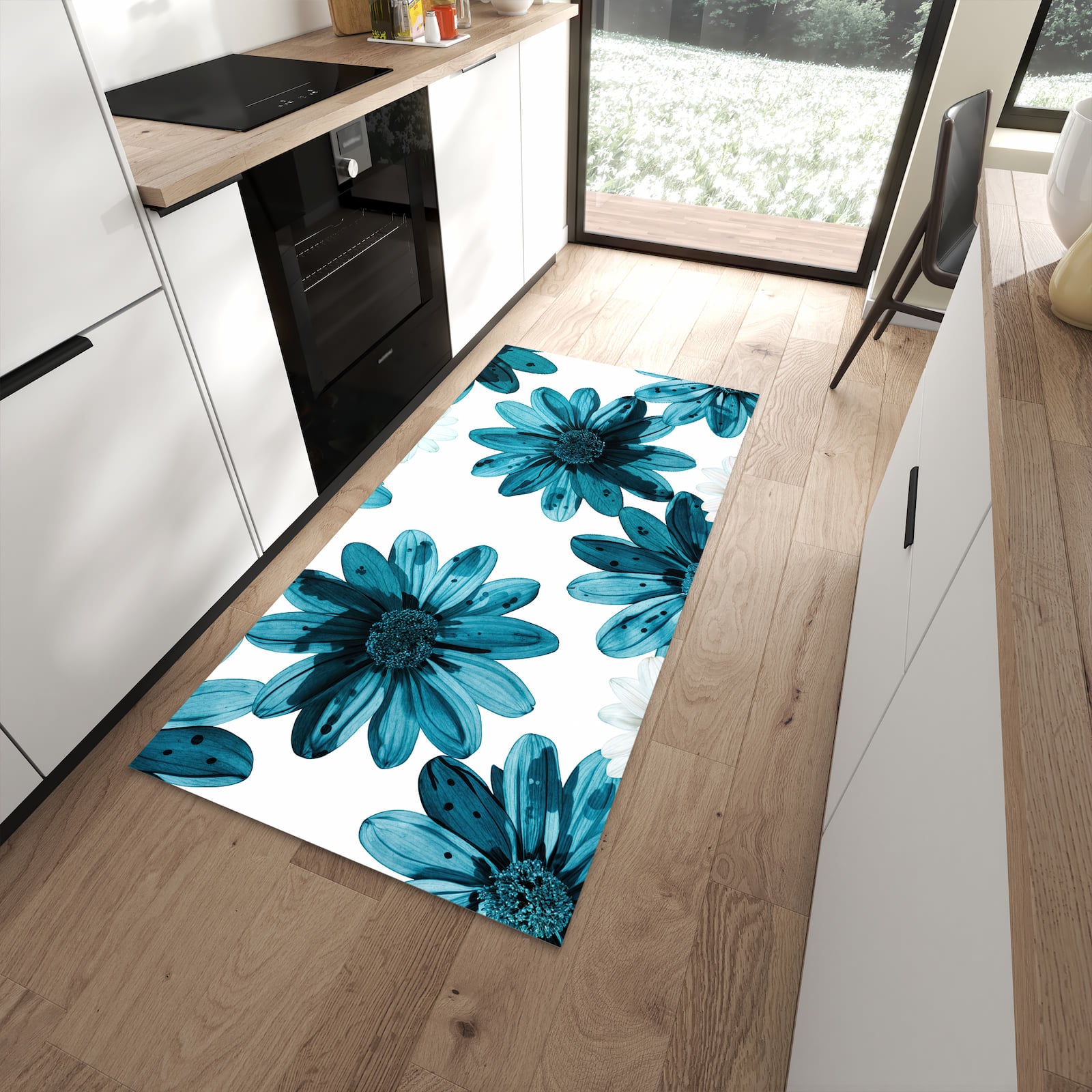 Pflegeleichter Läufer für die Küche mit Motiv Geblümt in moderner Küche