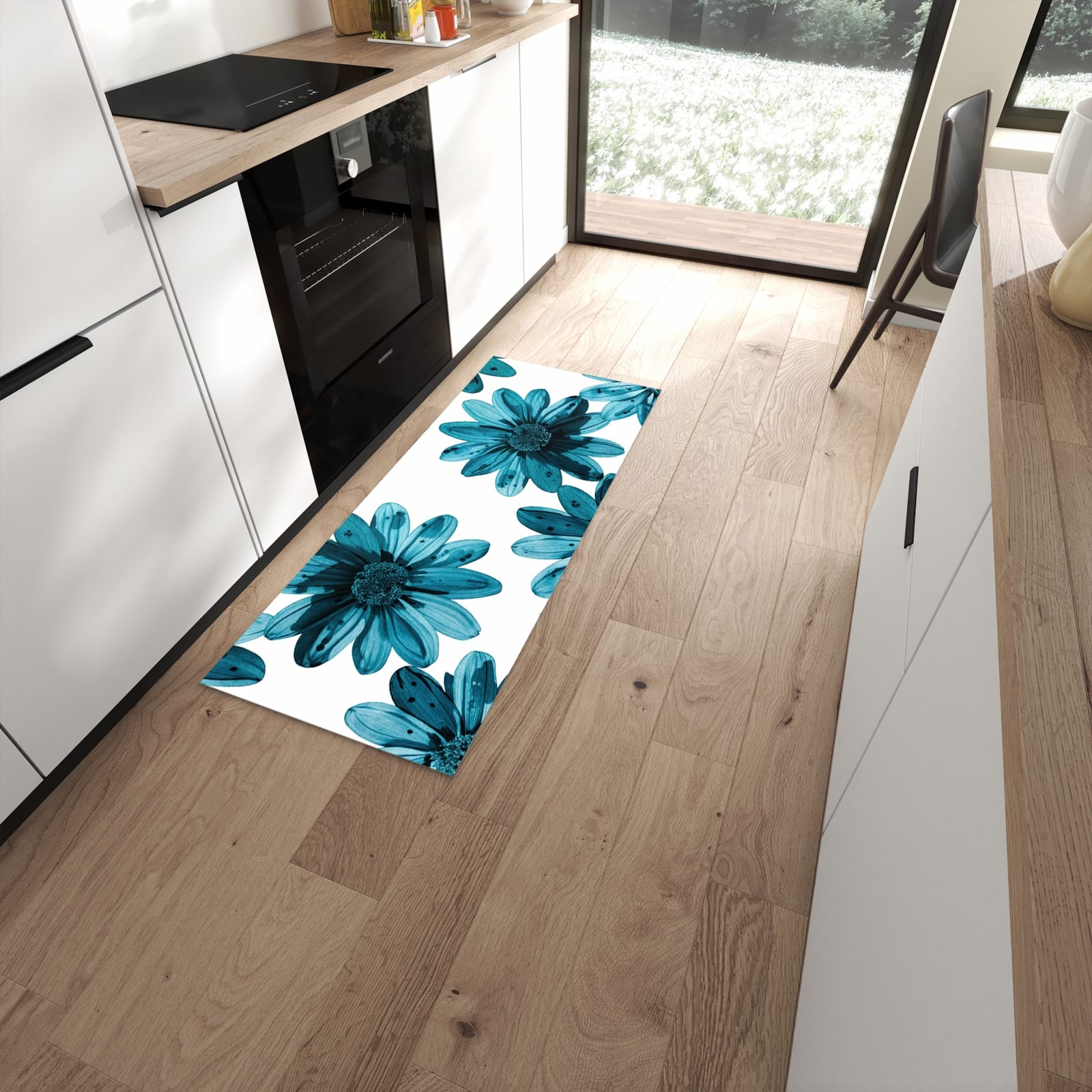 Geräuschdämpfender abwaschbarer Küchenläufer mit Motiv Geblümt in moderner Küche #grösse_60 x 150 cm