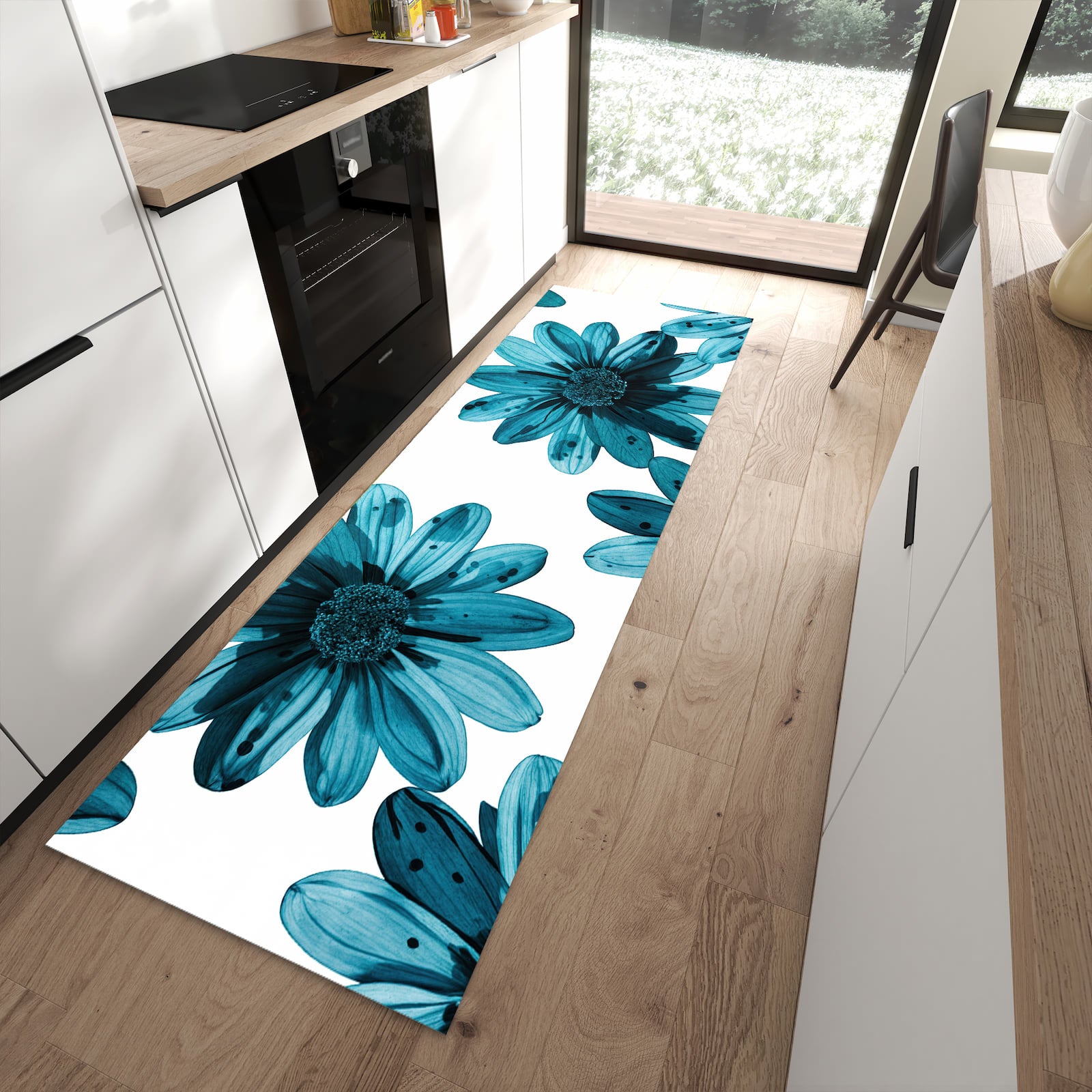 Geruchsneutraler Küchenteppich mit Motiv Geblümt in moderner Küche
