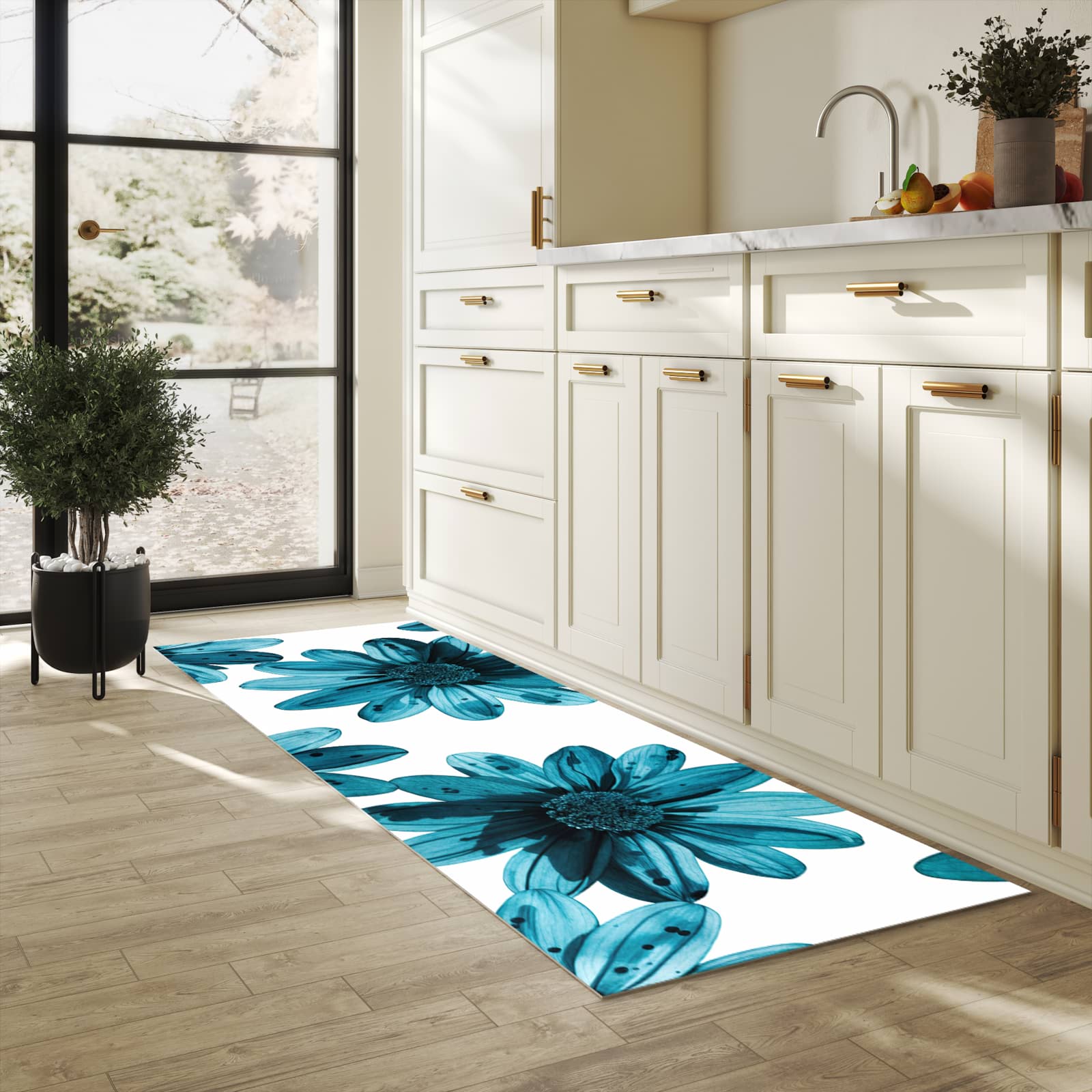 Schmutzabweisender moderner Küchenläufer mit Motiv Geblümt in heller Küche