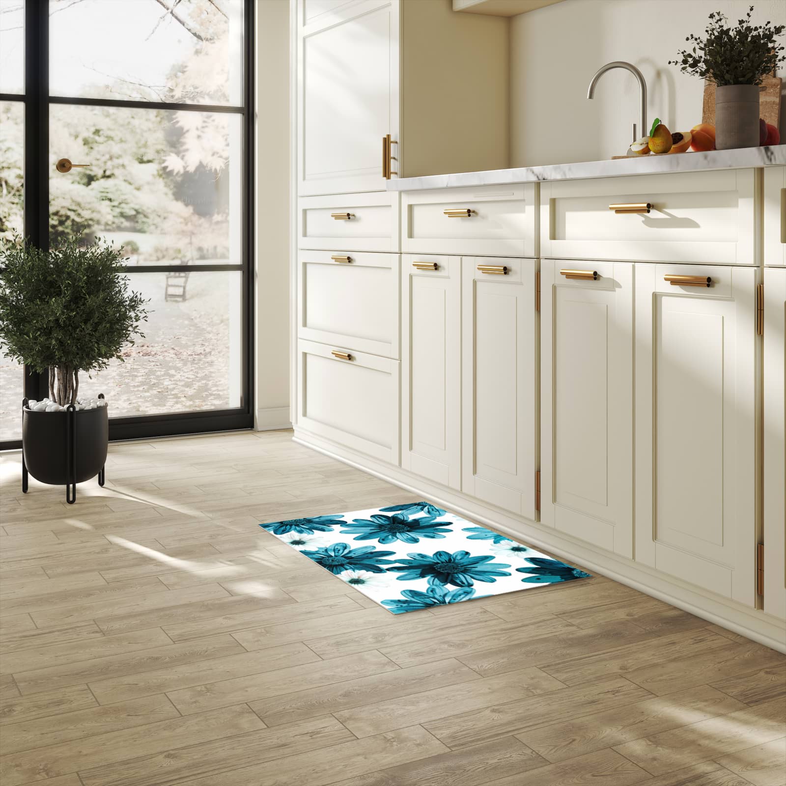 Wasserabweisender waschbarer Küchenläufer mit Motiv Geblümt in heller Küche