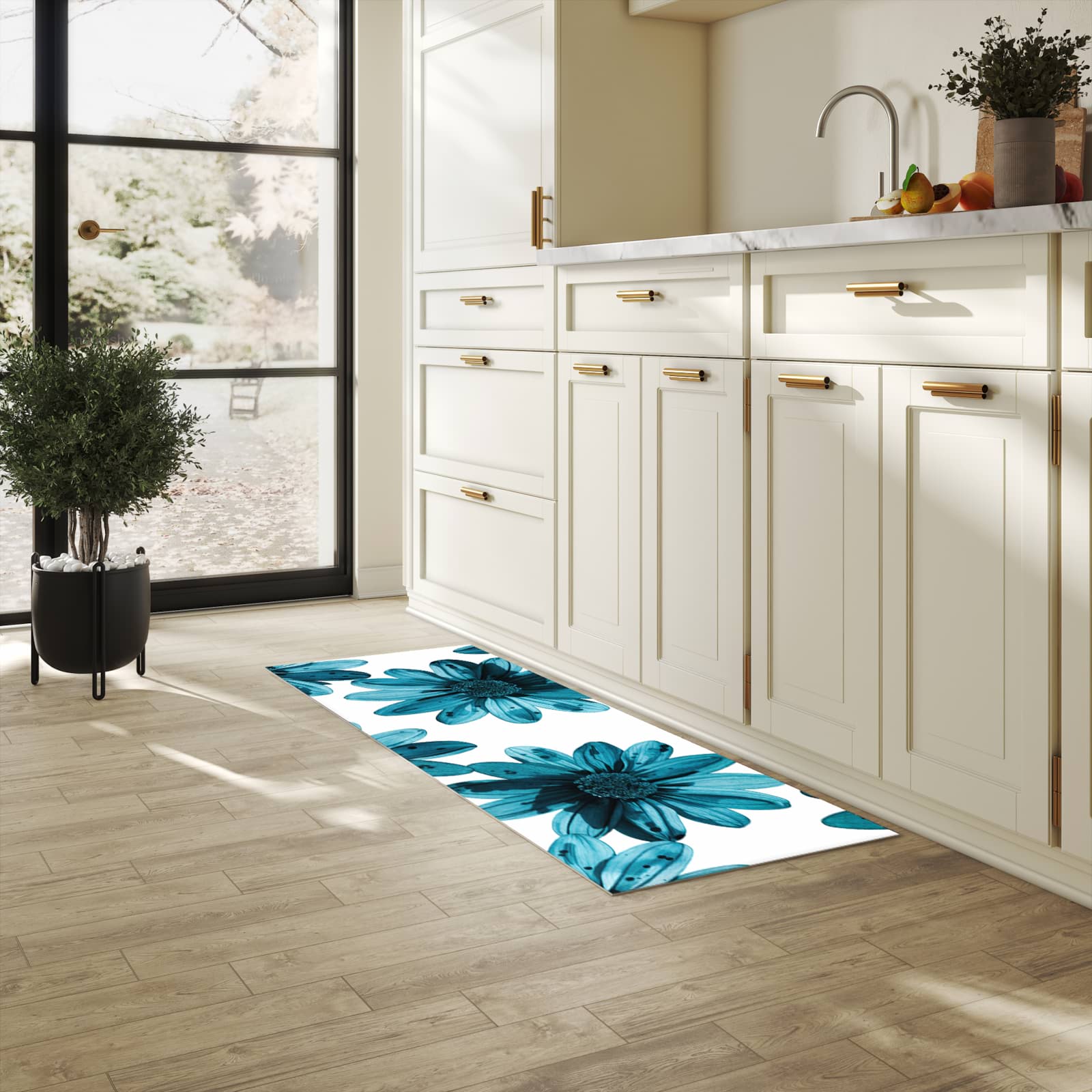 Geräuschdämpfender waschbarer Küchenläufer mit Motiv Geblümt in heller Küche