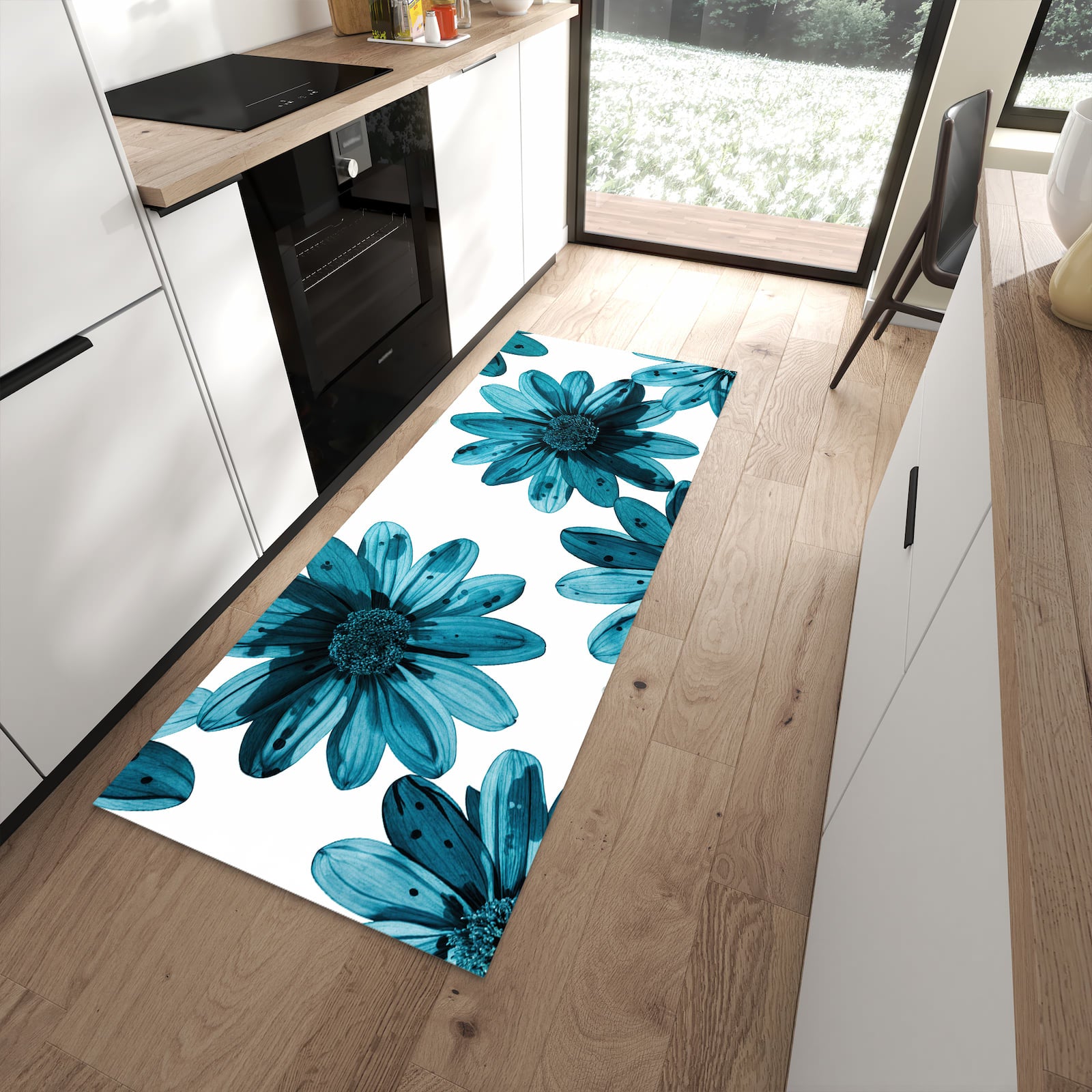 Schmutzabweisender Teppich für die Küche mit Motiv Geblümt in moderner Küche